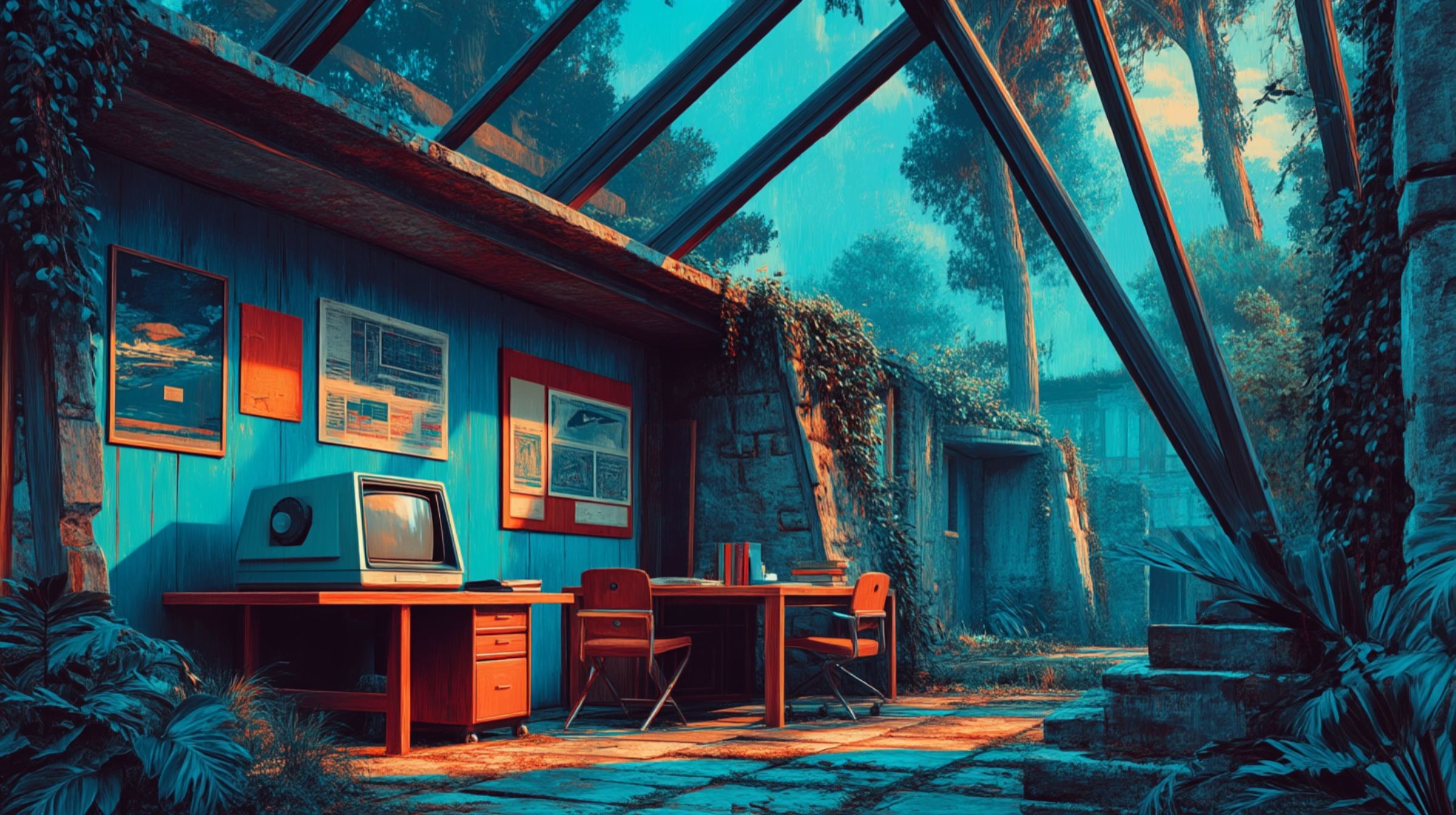 An old desktop computer on a wooden desk inside a glass studio overgrown with jungle, lit teal and orange.