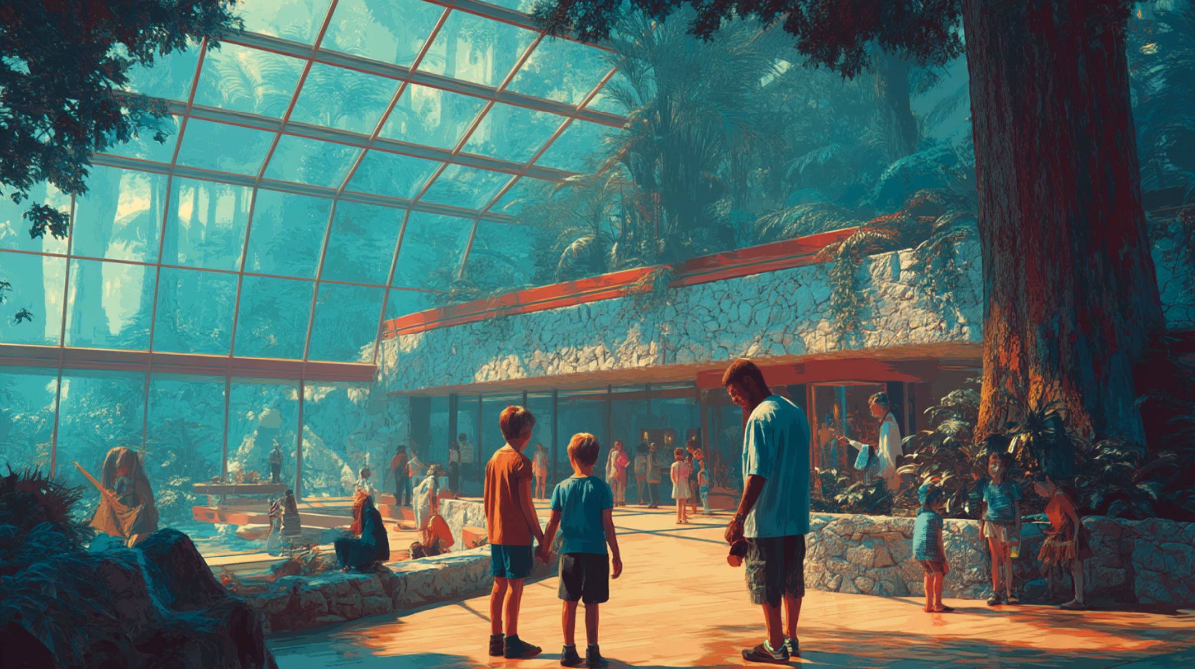 Families explore a glass-and-stone visitor center filled with jungle light and warm orange accents.