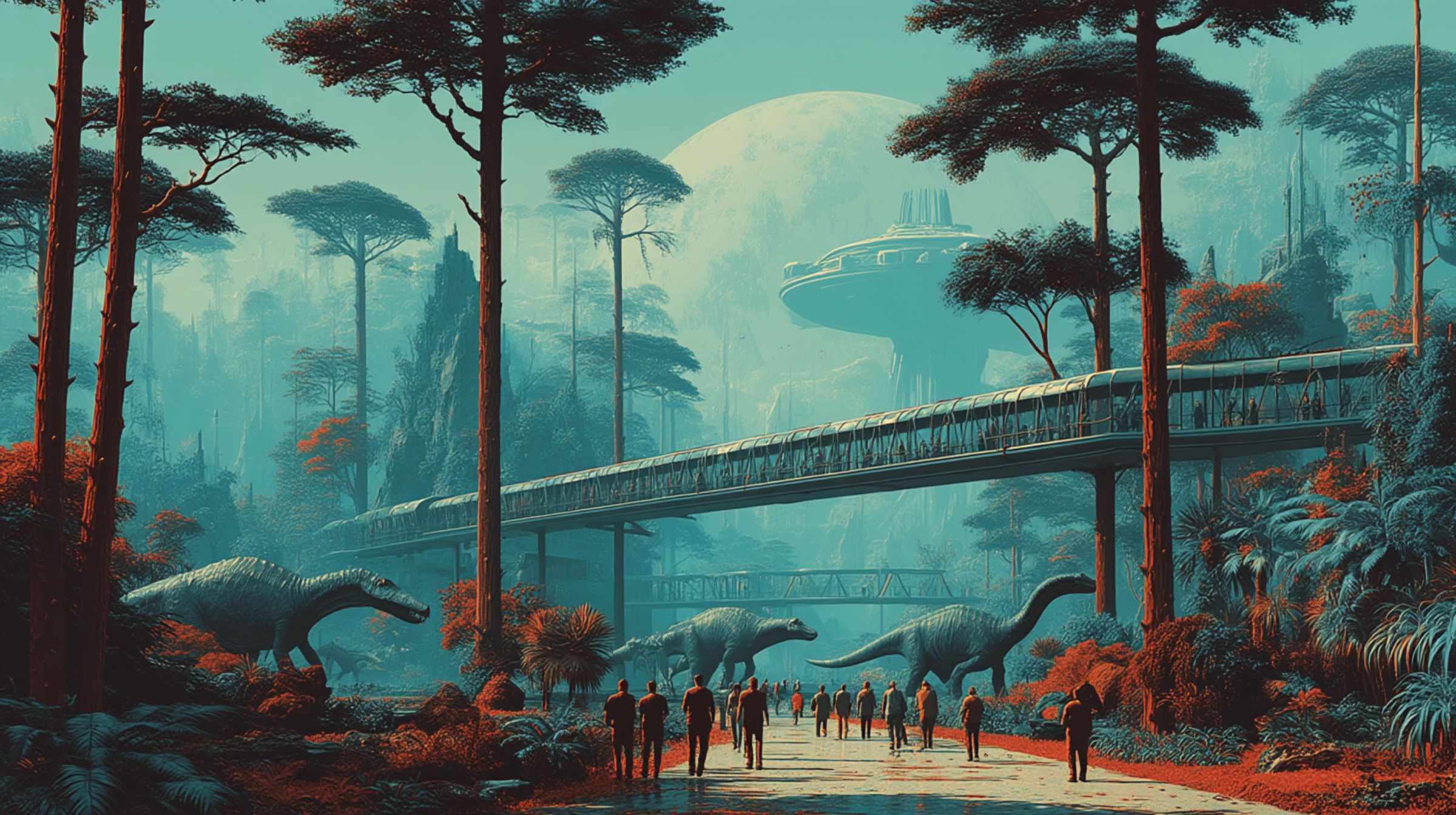 People walk beneath a glass monorail walkway in a jungle park where dinosaurs roam under a hazy sun.