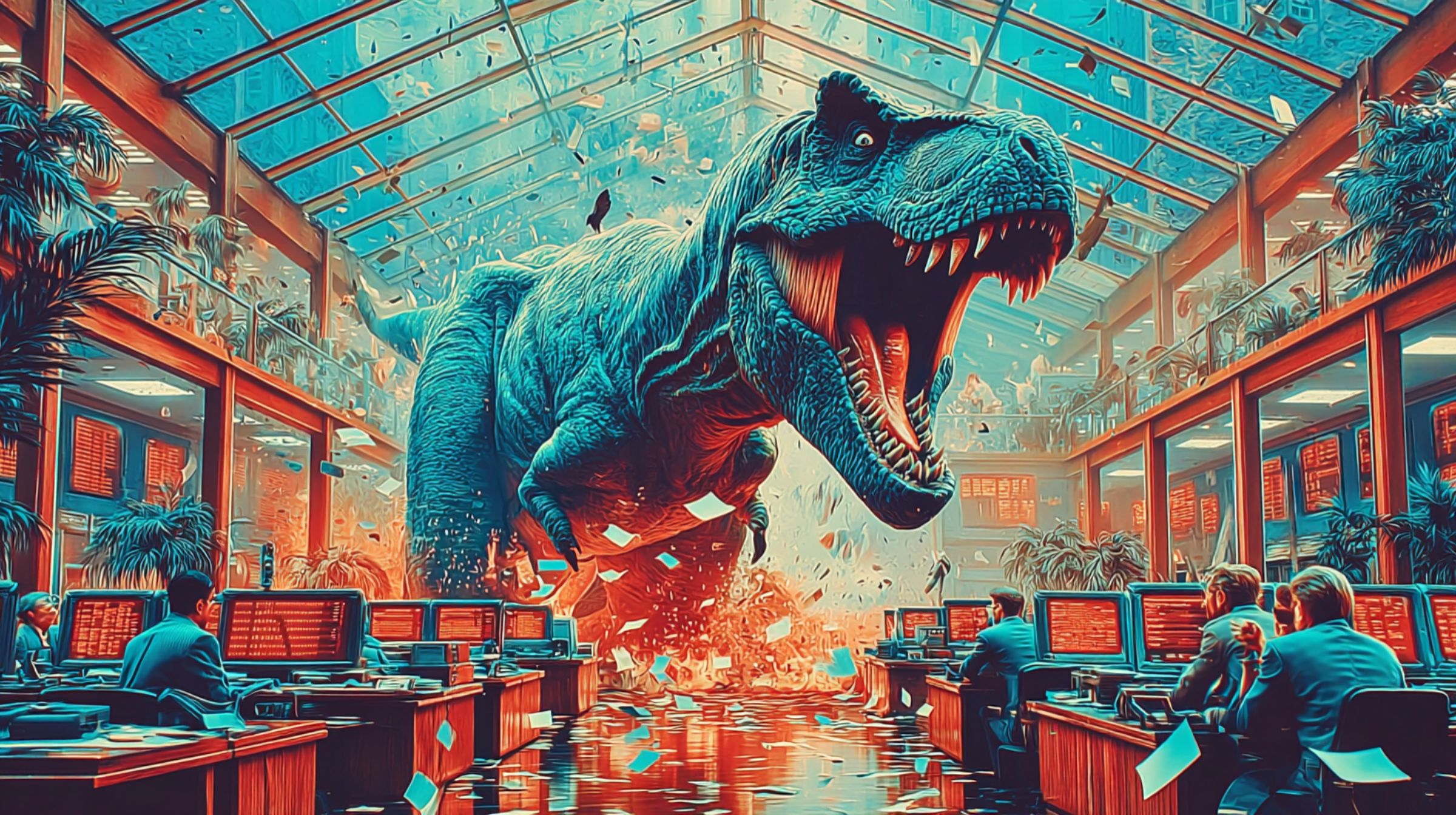 A massive T-Rex bursts through a glass-roofed trading office as red screens flicker and papers fly.