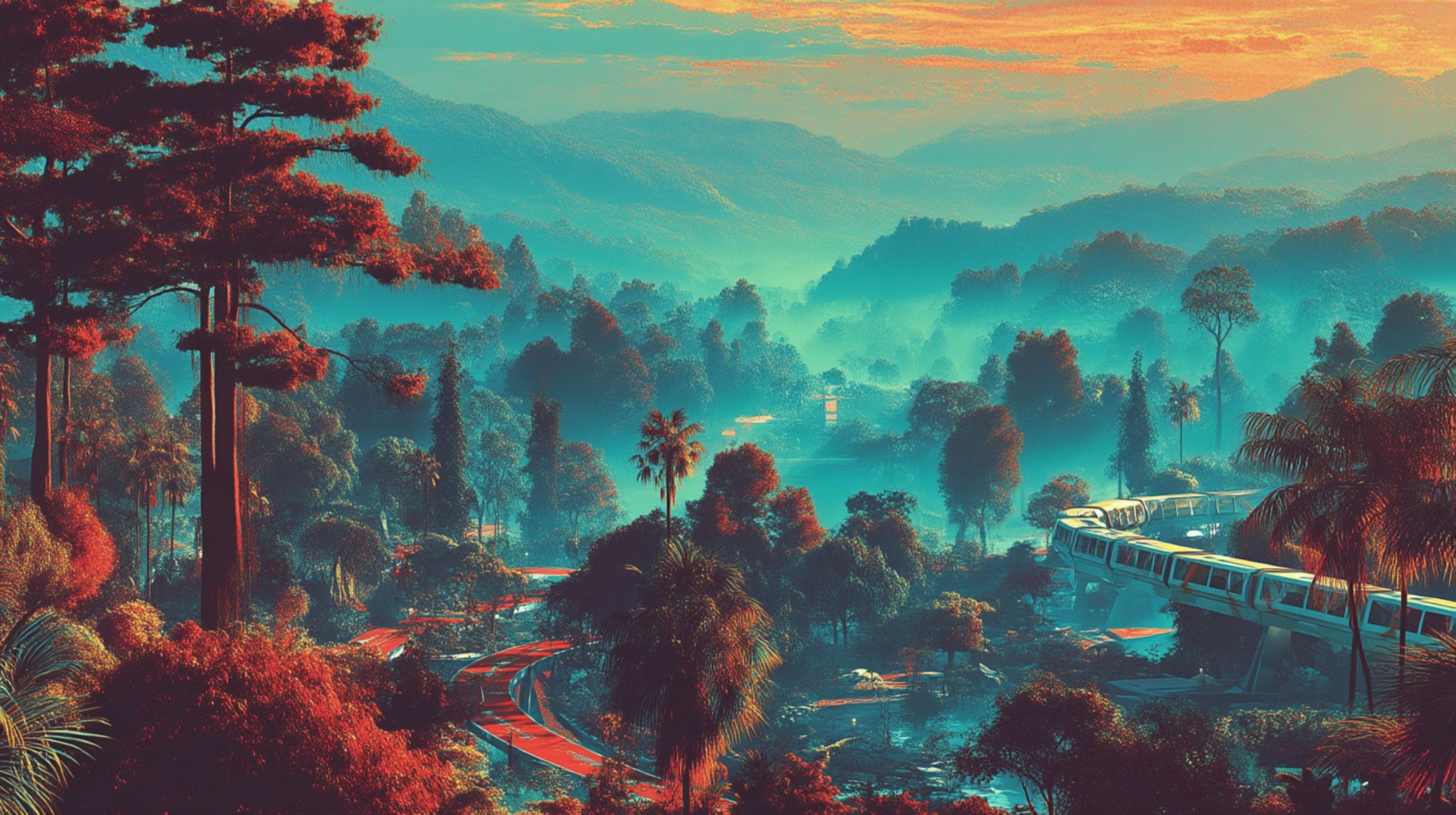 A misty jungle valley at sunrise with a monorail winding through red and teal forest toward distant hills.