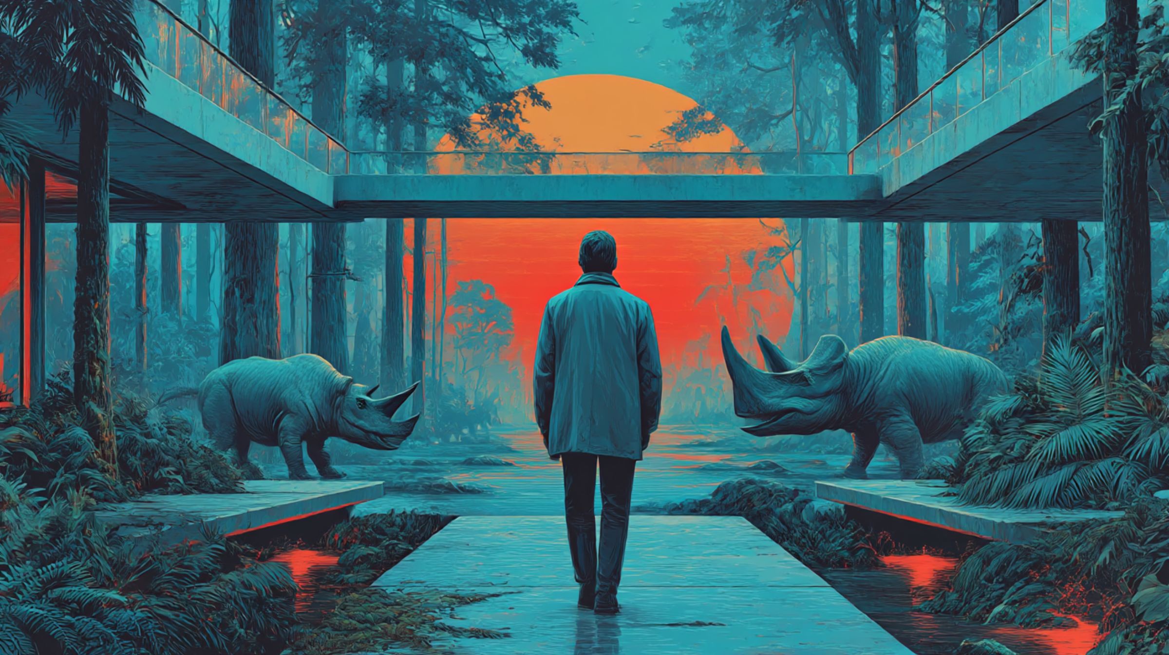 A lone figure walks a causeway between two dinosaurs toward a glowing red sun framed by glass walkways.