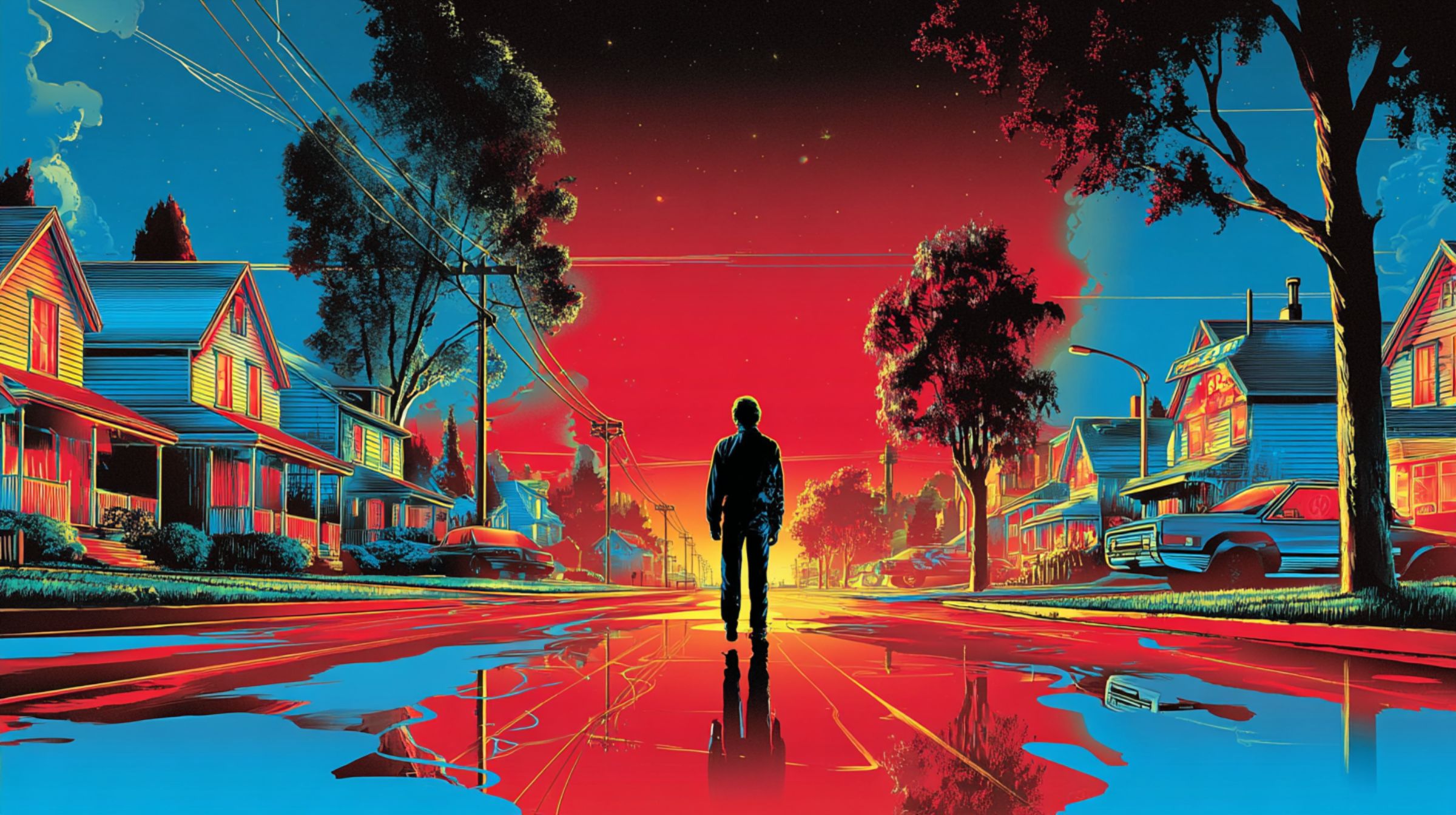 A lone figure stands in the middle of an empty suburban street under a deep red sky, reflected in the wet pavement.