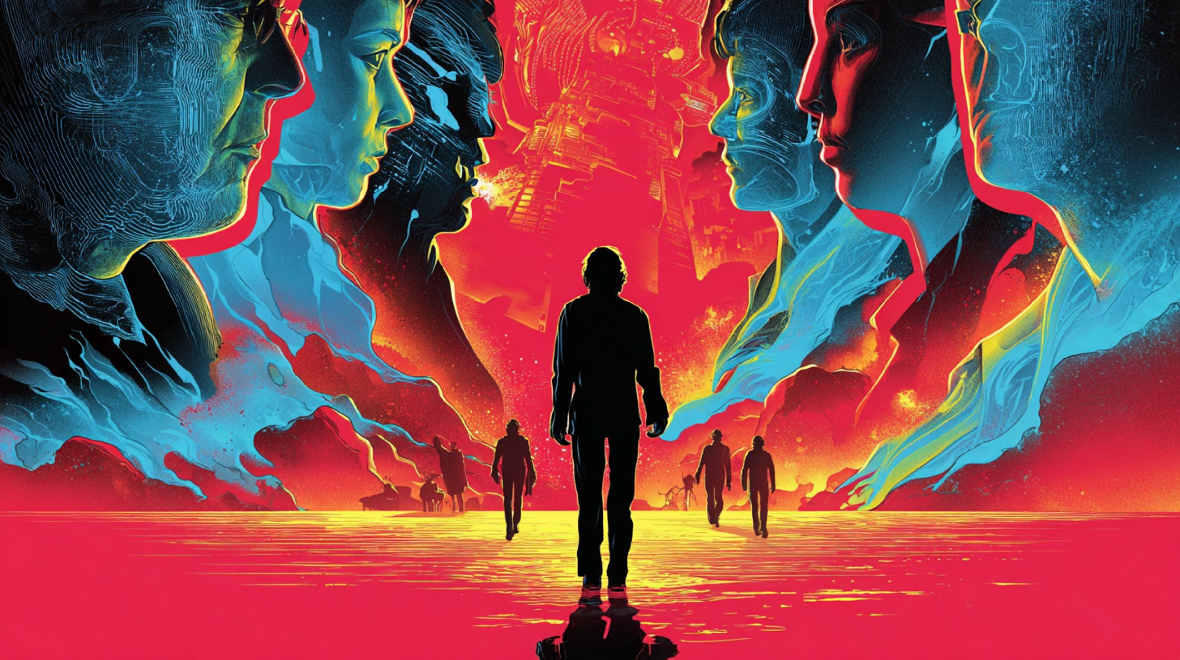 A silhouetted figure walks toward a glowing red horizon flanked by giant luminous faces rising out of the clouds.