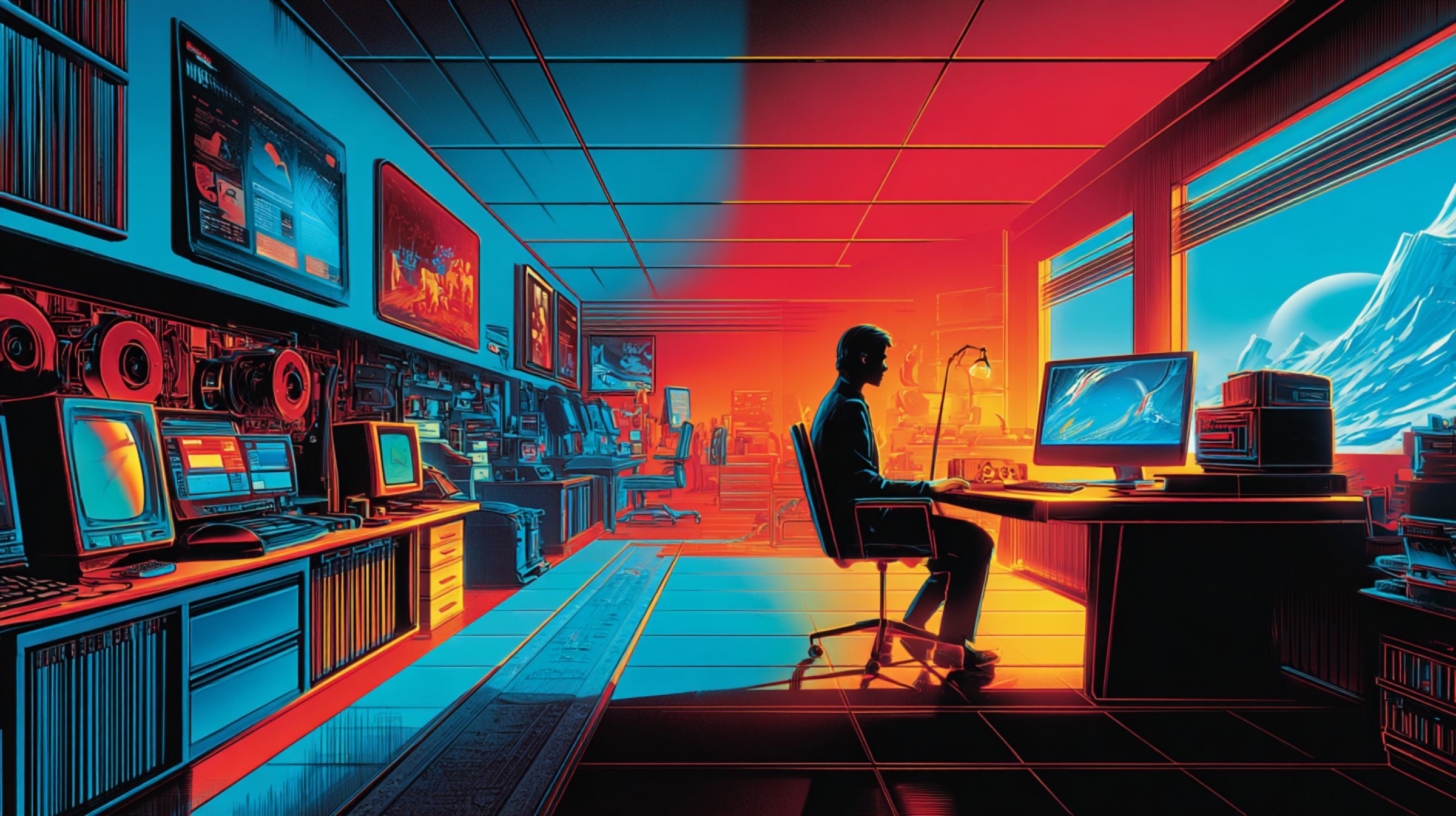 A creator sits at a desk inside a glowing retro studio packed with screens, speakers, and equipment in red and blue light.