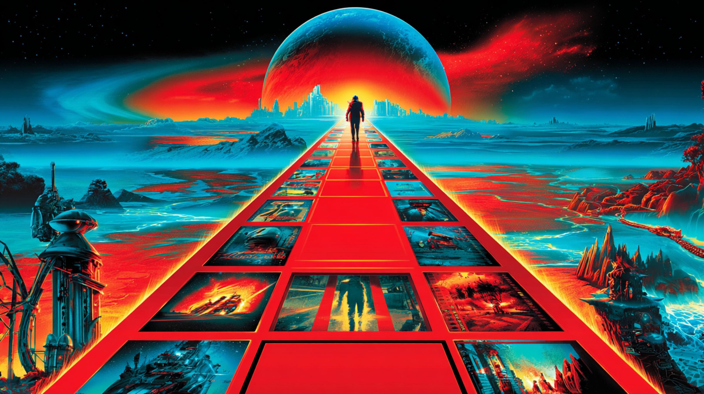 A figure walks down a glowing red path made of film-strip frames toward a giant planet over a futuristic city.
