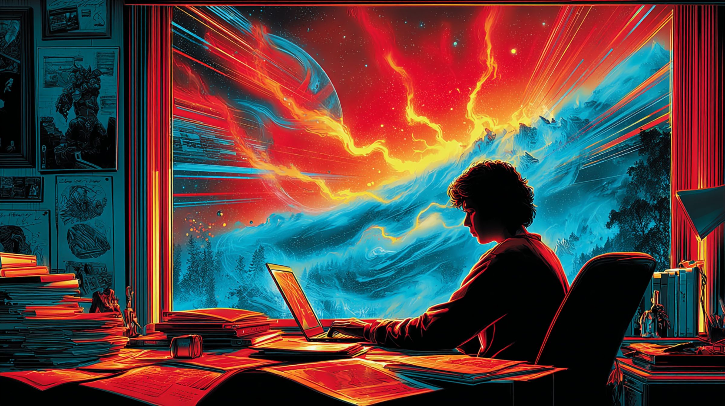 A curly-haired creator works on a laptop at a cluttered desk while a cosmic storm of fire and ice fills the window behind.