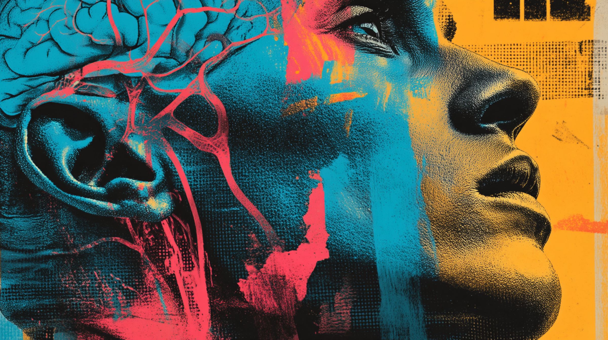 Close-up of a human head lit in layered cyan, magenta, and gold, brain and veins glowing like a street map.