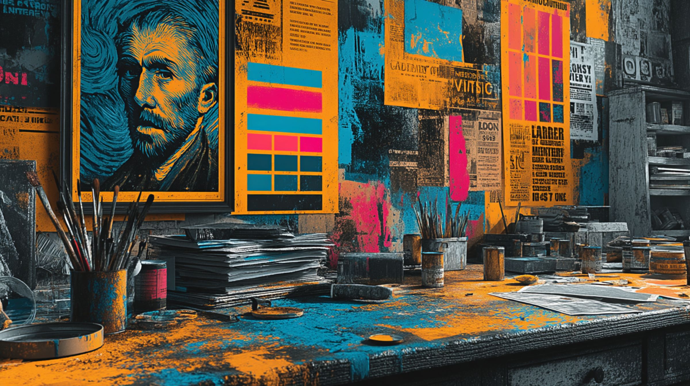 A studio wall cluttered with a Van Gogh poster, color swatches, and spilled paint above a workbench.