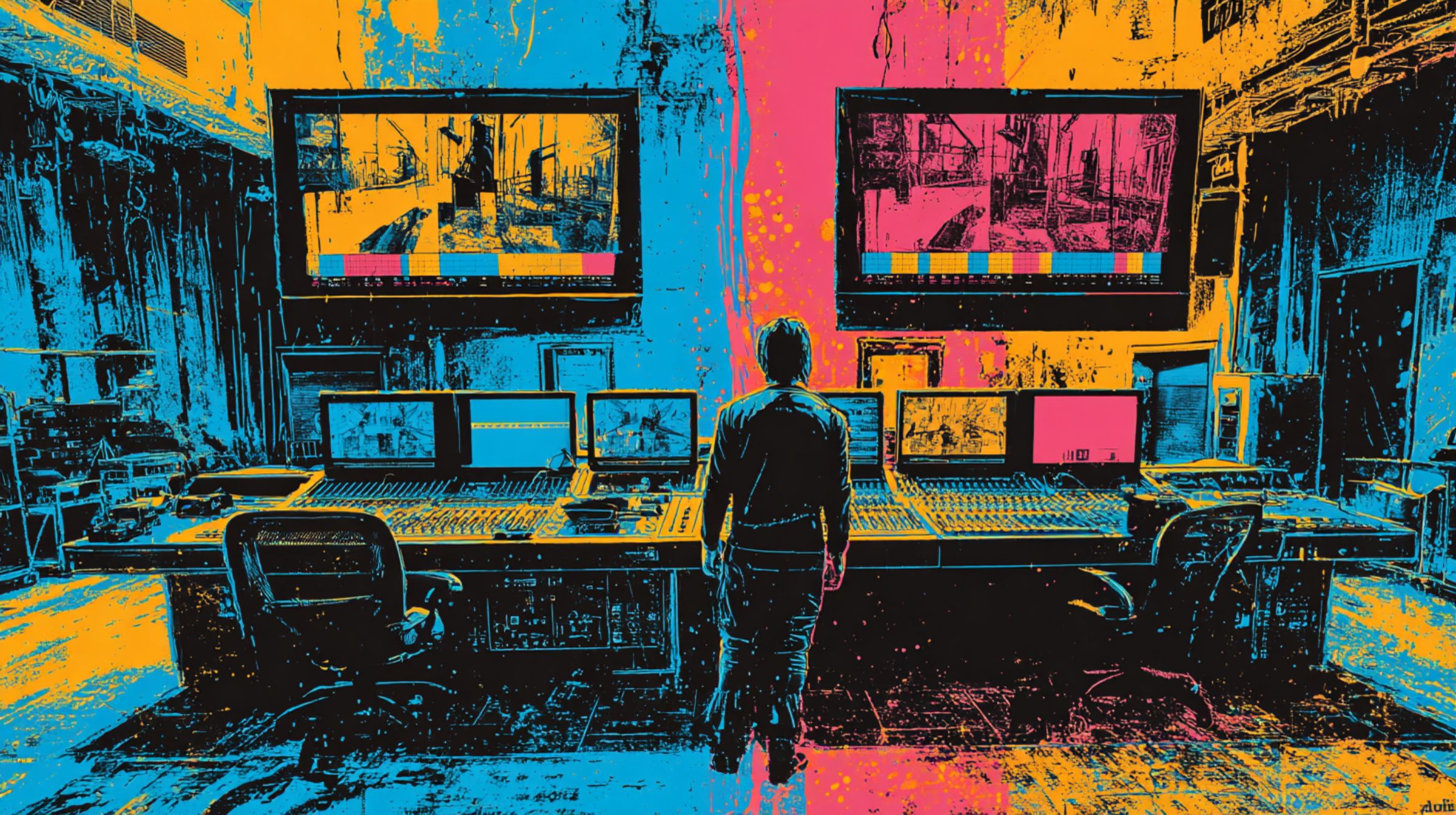 A lone colorist stands before two glowing monitors in a control room, one warm and one cold.