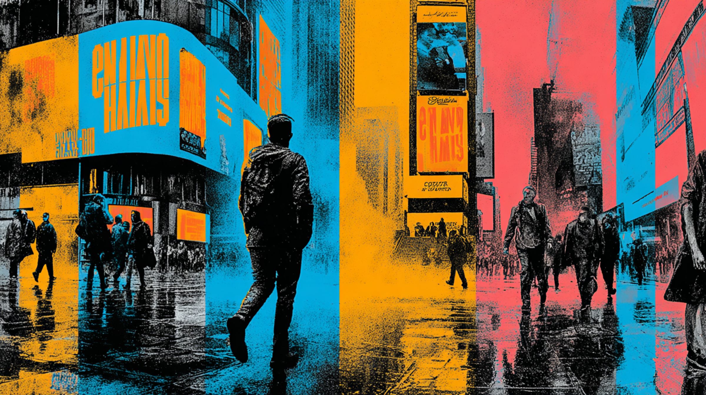A figure walks through Times Square drenched in cyan, magenta, and gold light, surrounded by branded screens.