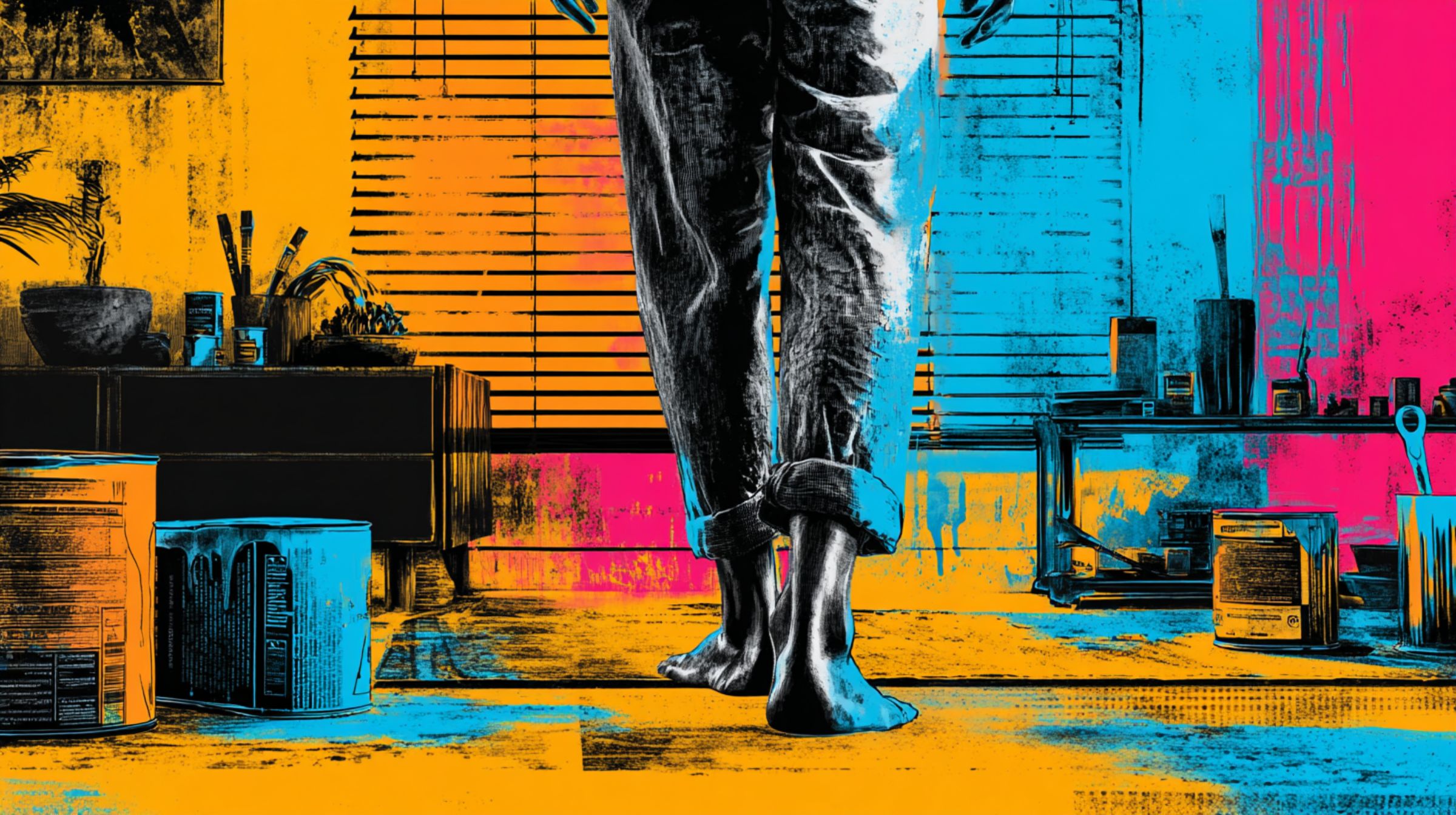 Bare feet stand on a studio floor streaked with warm light and fading pigment among paint cans.