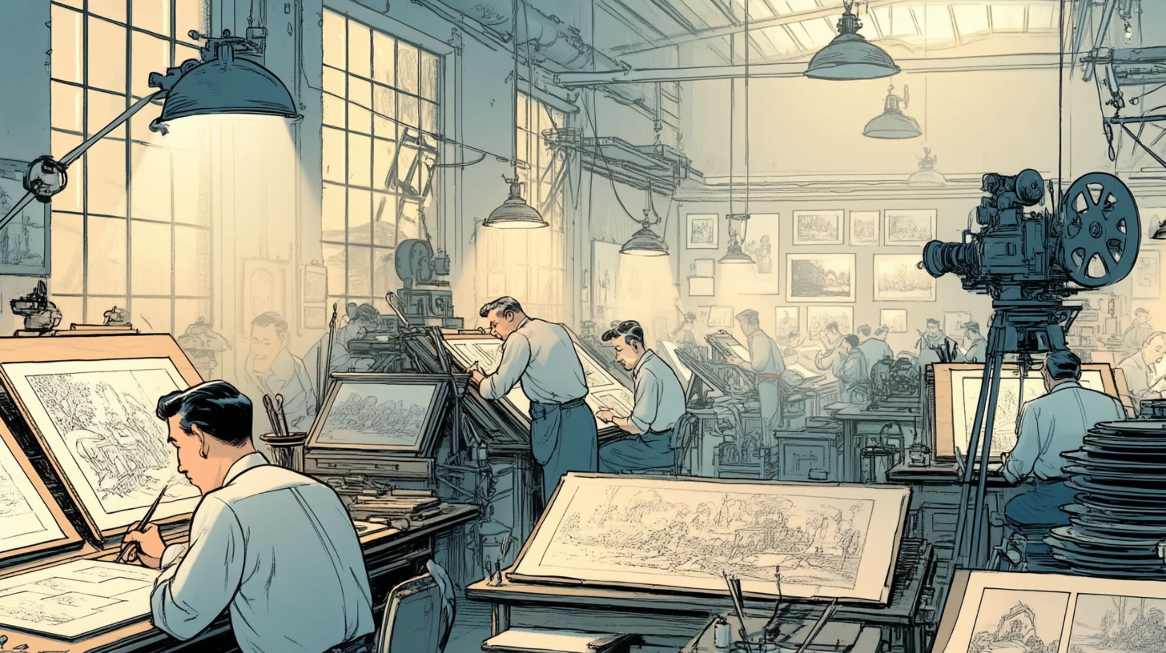 A bustling early animation studio where artists draw by hand at desks beneath warm light.