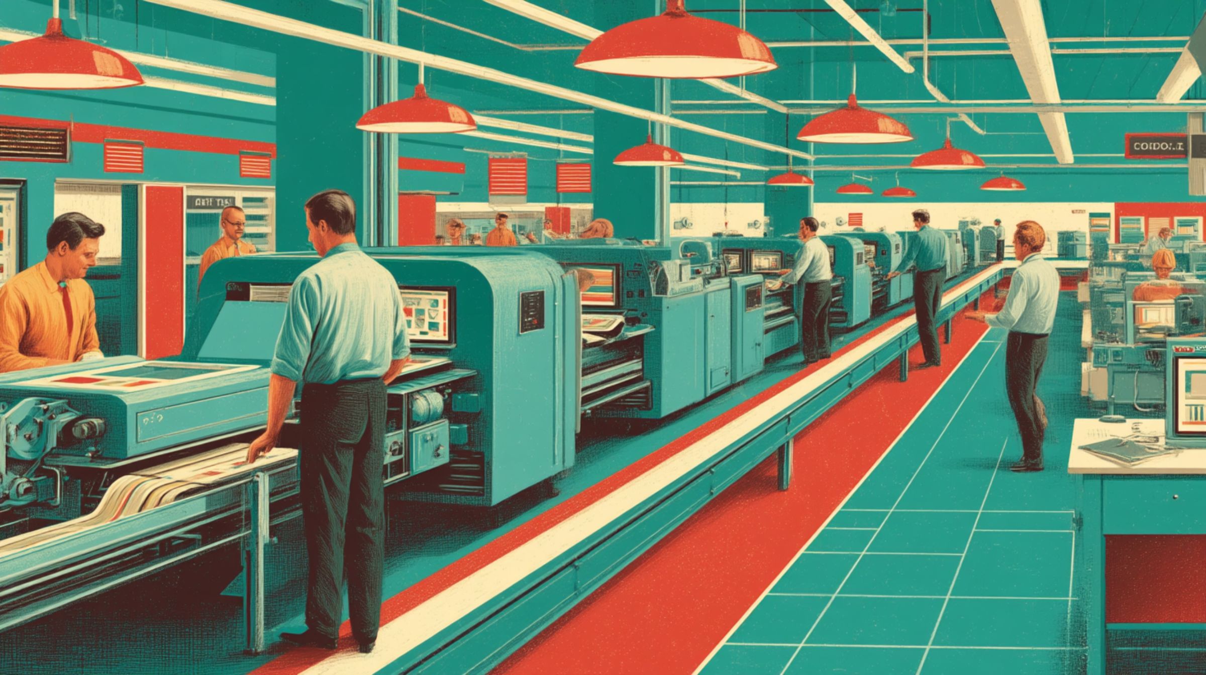 A mid-century production floor where workers tend massive printing presses in red and teal.