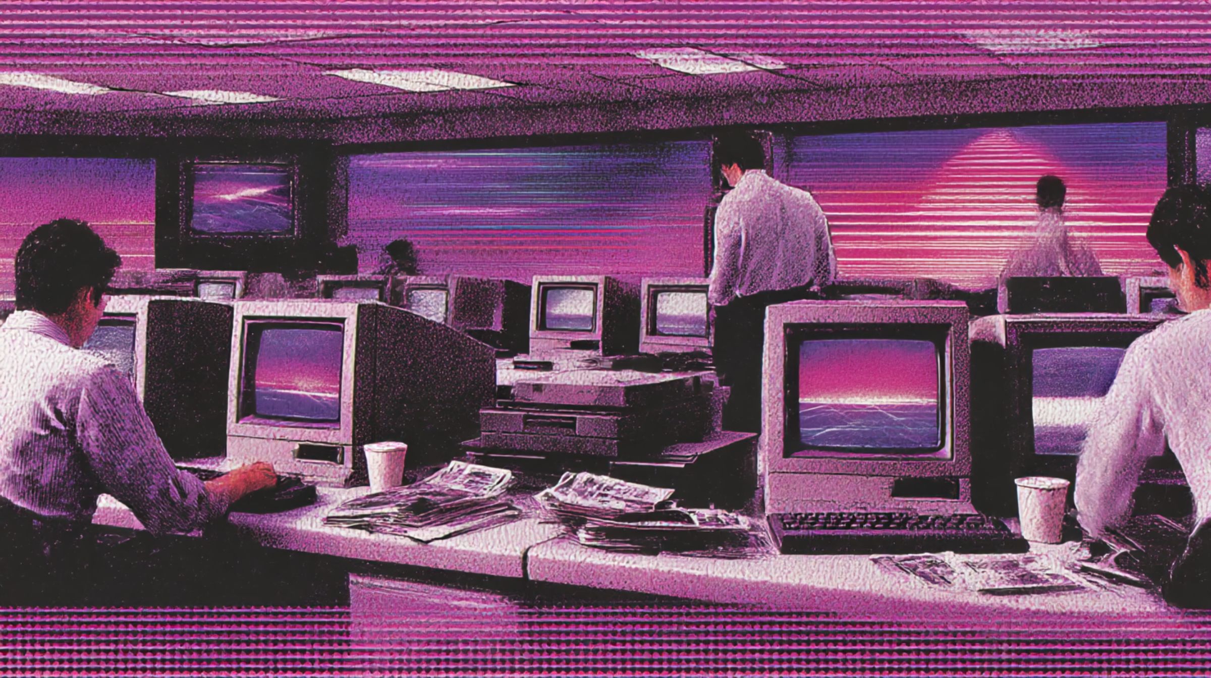 Rows of glowing CRT monitors and men in suits watching data streams in purple light.