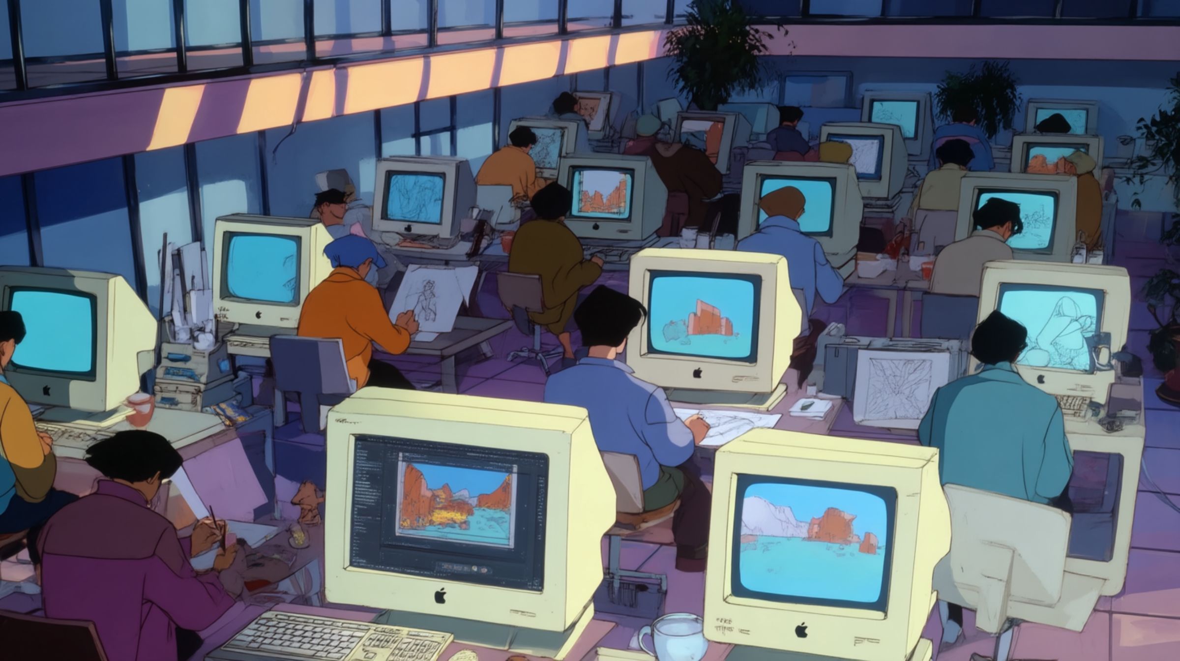 A room of animators working at early Apple computers as light pours across glass walls.
