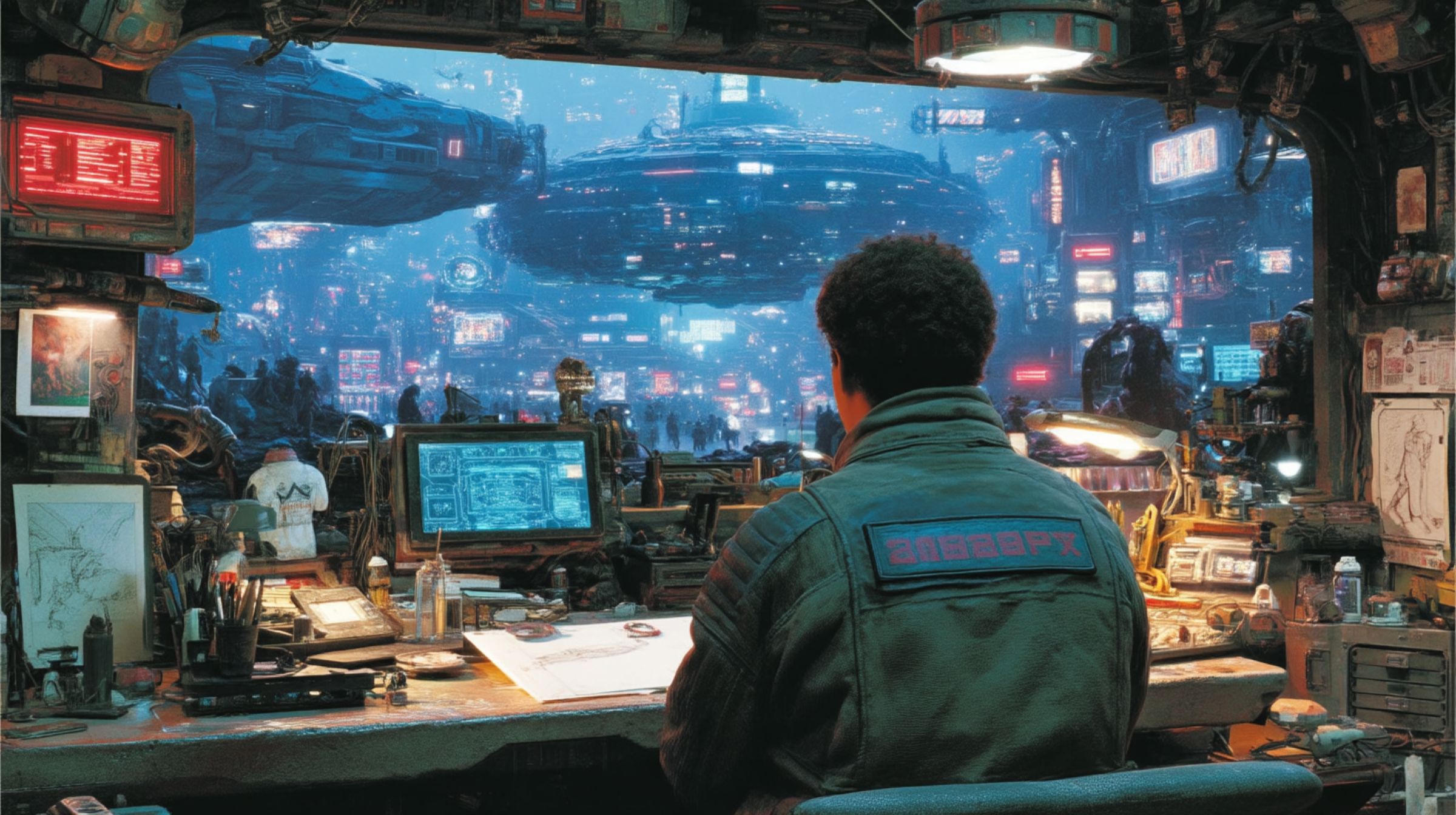 A lone creator sketches by hand in a neon-lit studio overlooking a vast futuristic city.