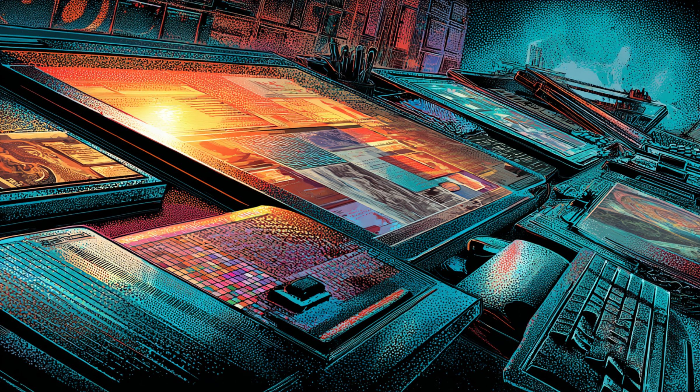 Half-finished design layouts glow on backlit light tables in a comic-toned studio.
