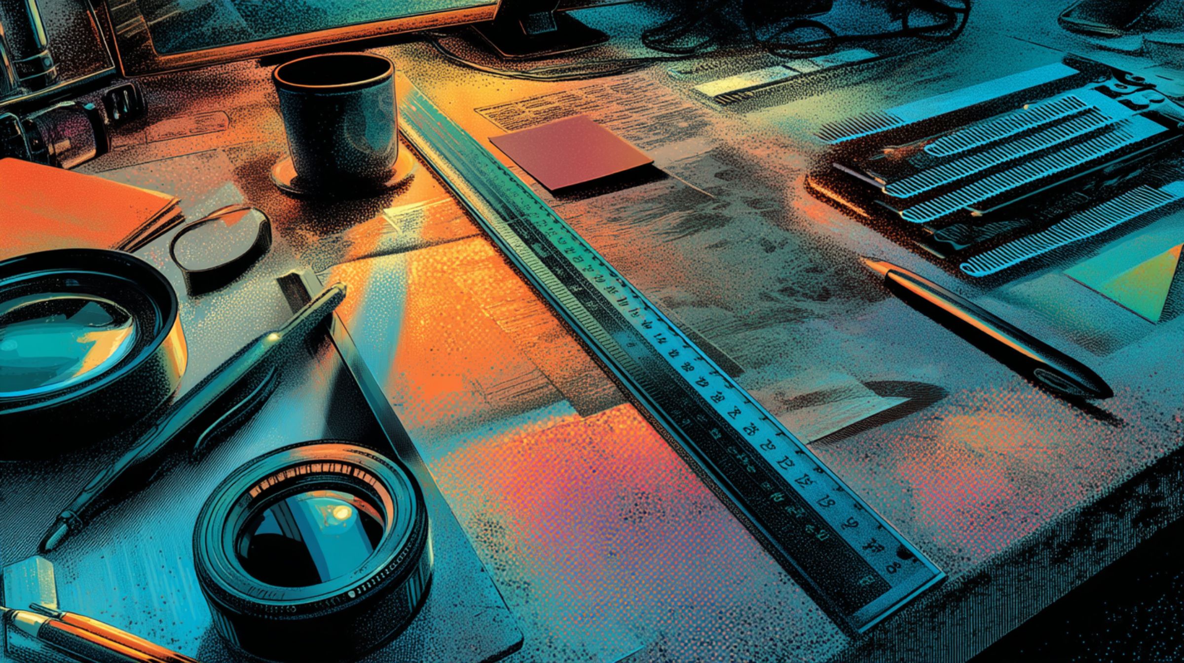Pens, a loupe, a ruler, and a camera lens sit aligned on a sunlit desk in warm light.