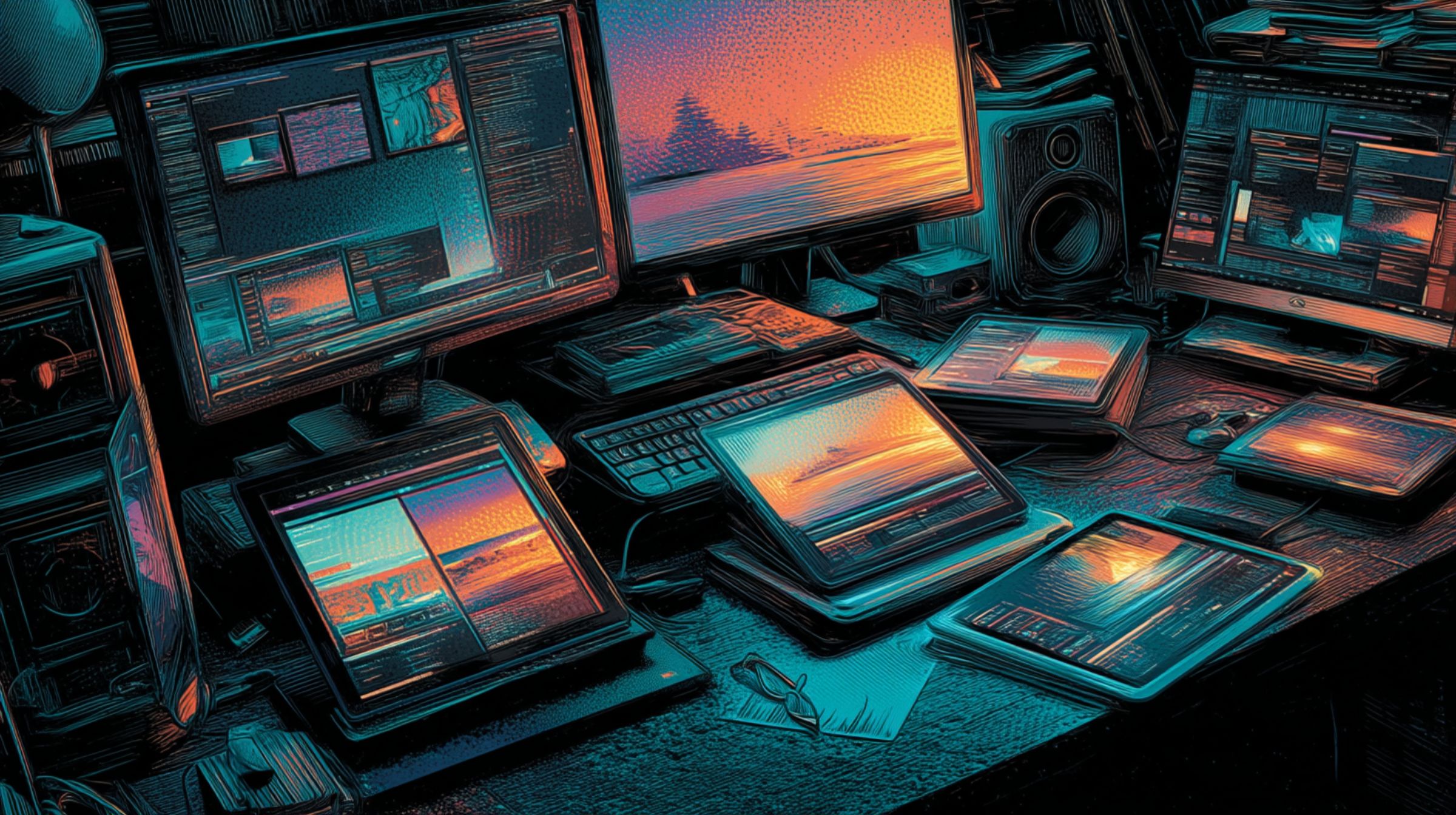 Multiple glowing screens on a desk display the same sunset design in sync.
