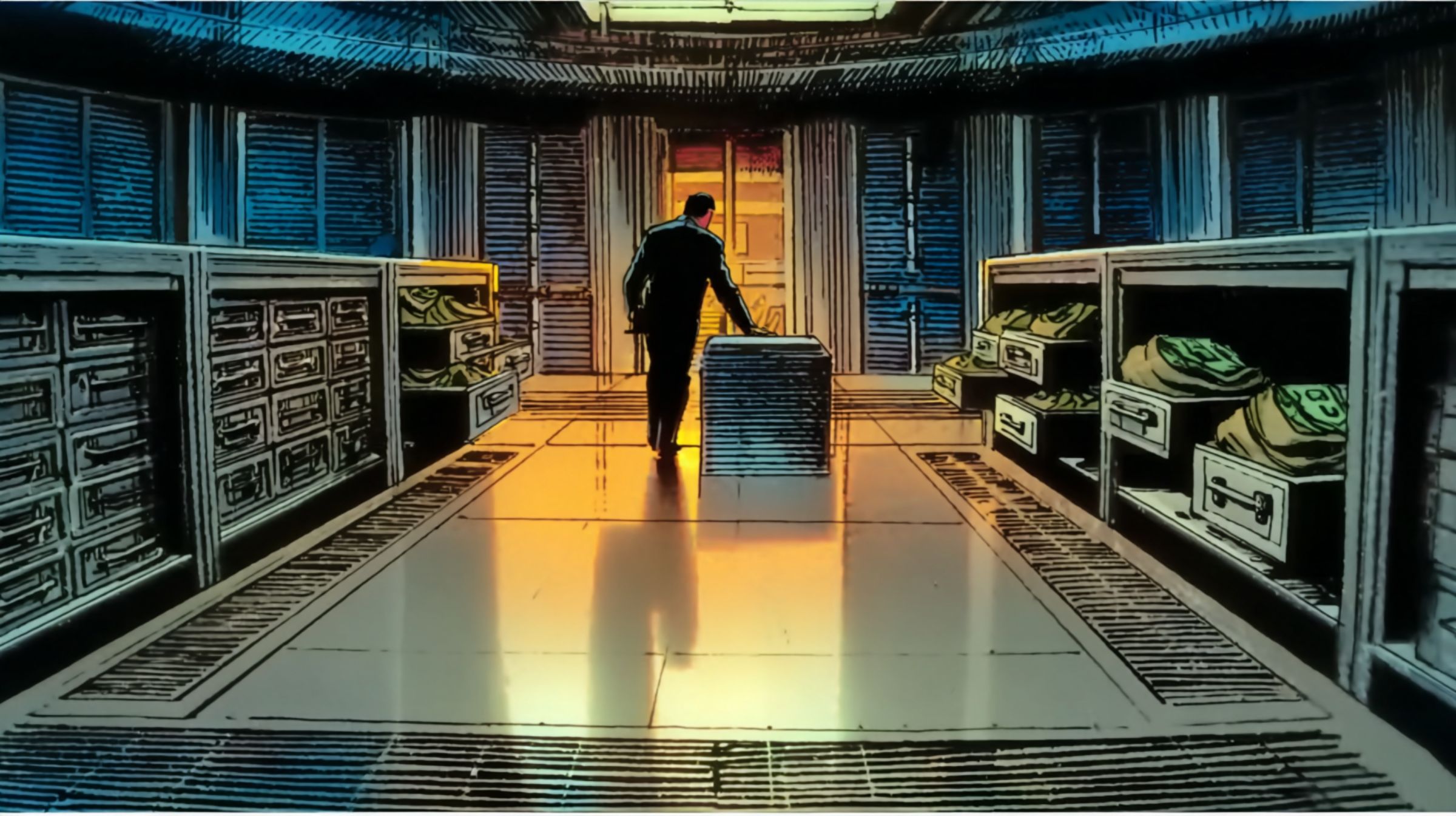 A man wheels a cart through a glowing vault lined with drawers, moving value down a long corridor.