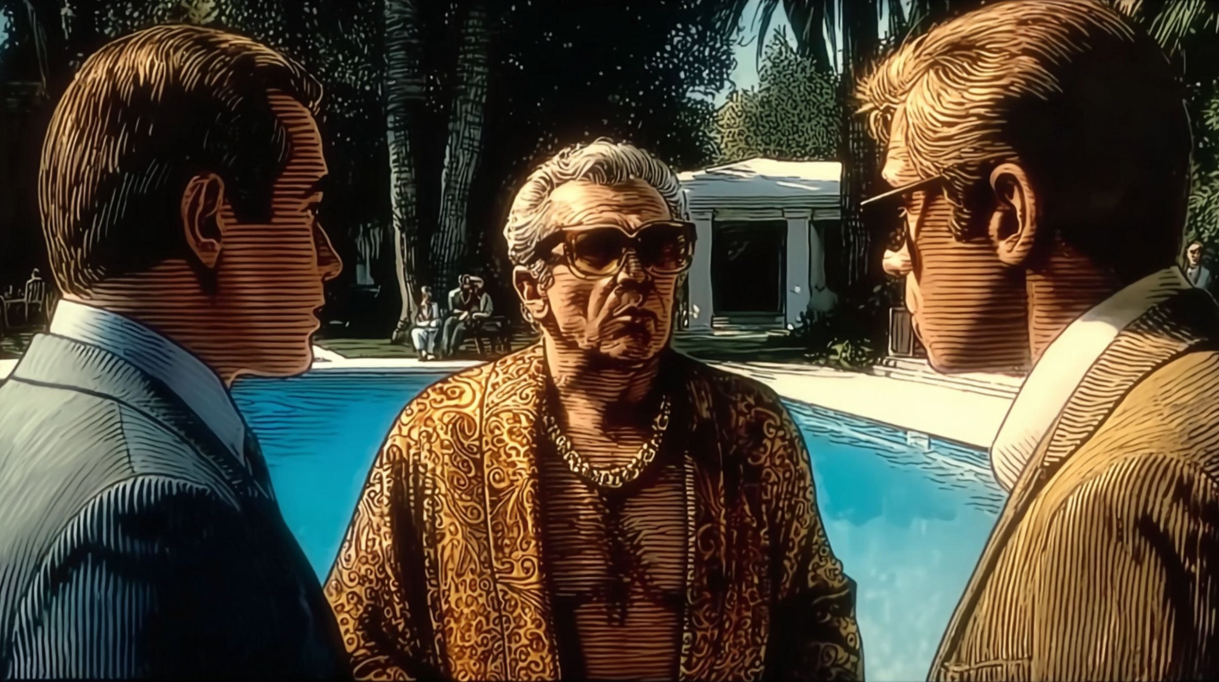 Three men in conversation beside a sunlit pool, one mediating a tense negotiation.