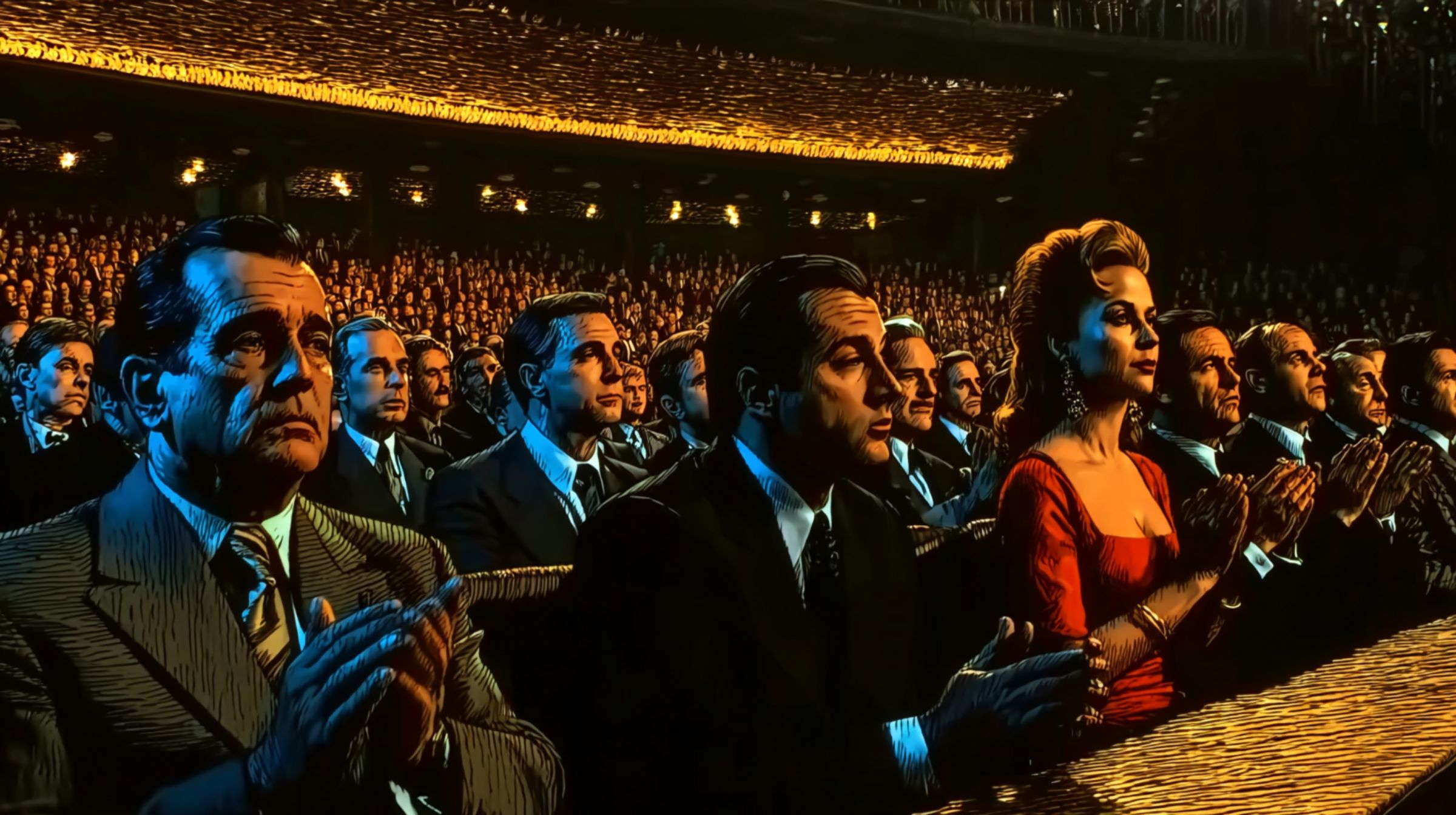 A packed theater audience applauds in warm golden light, attention fully held.