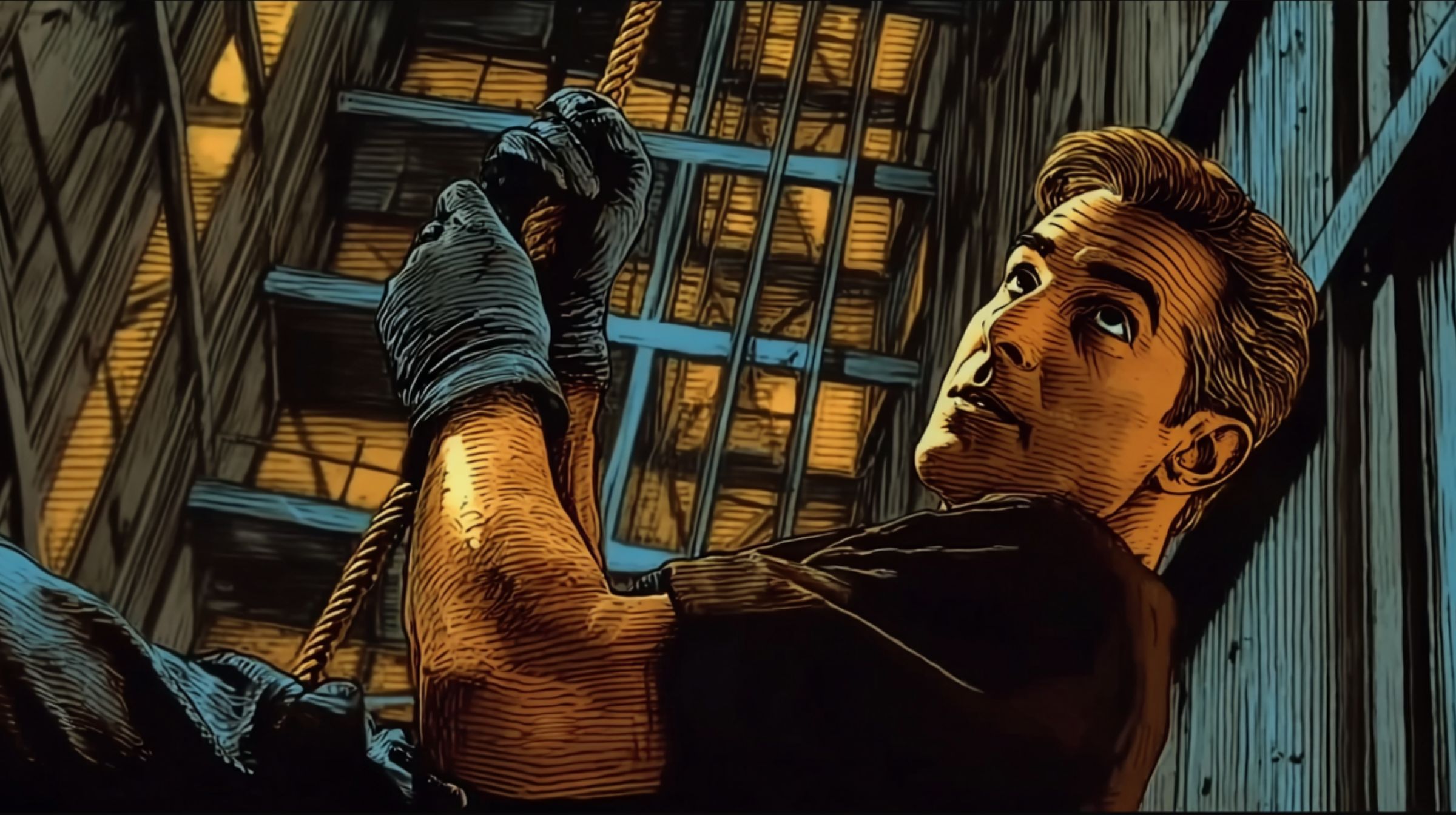 A man climbs a rope inside a dim rigging structure, hauling himself upward through unseen scaffolding.