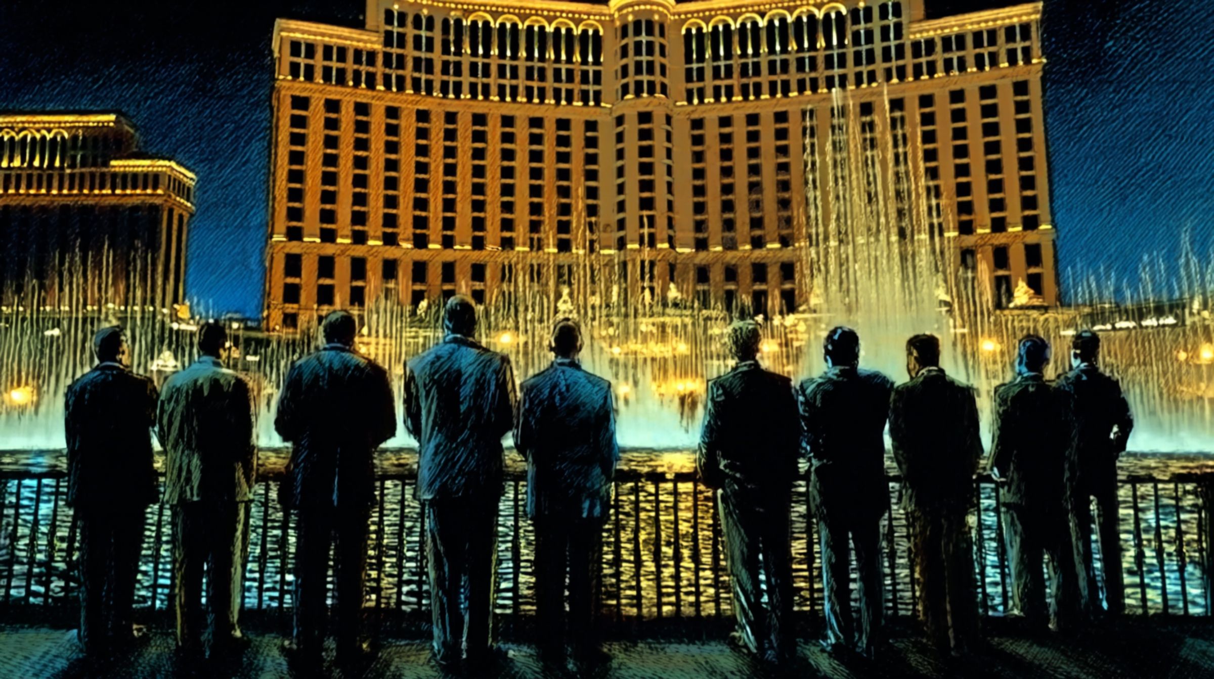 A row of men in suits stand together at night before the lit Bellagio fountains.