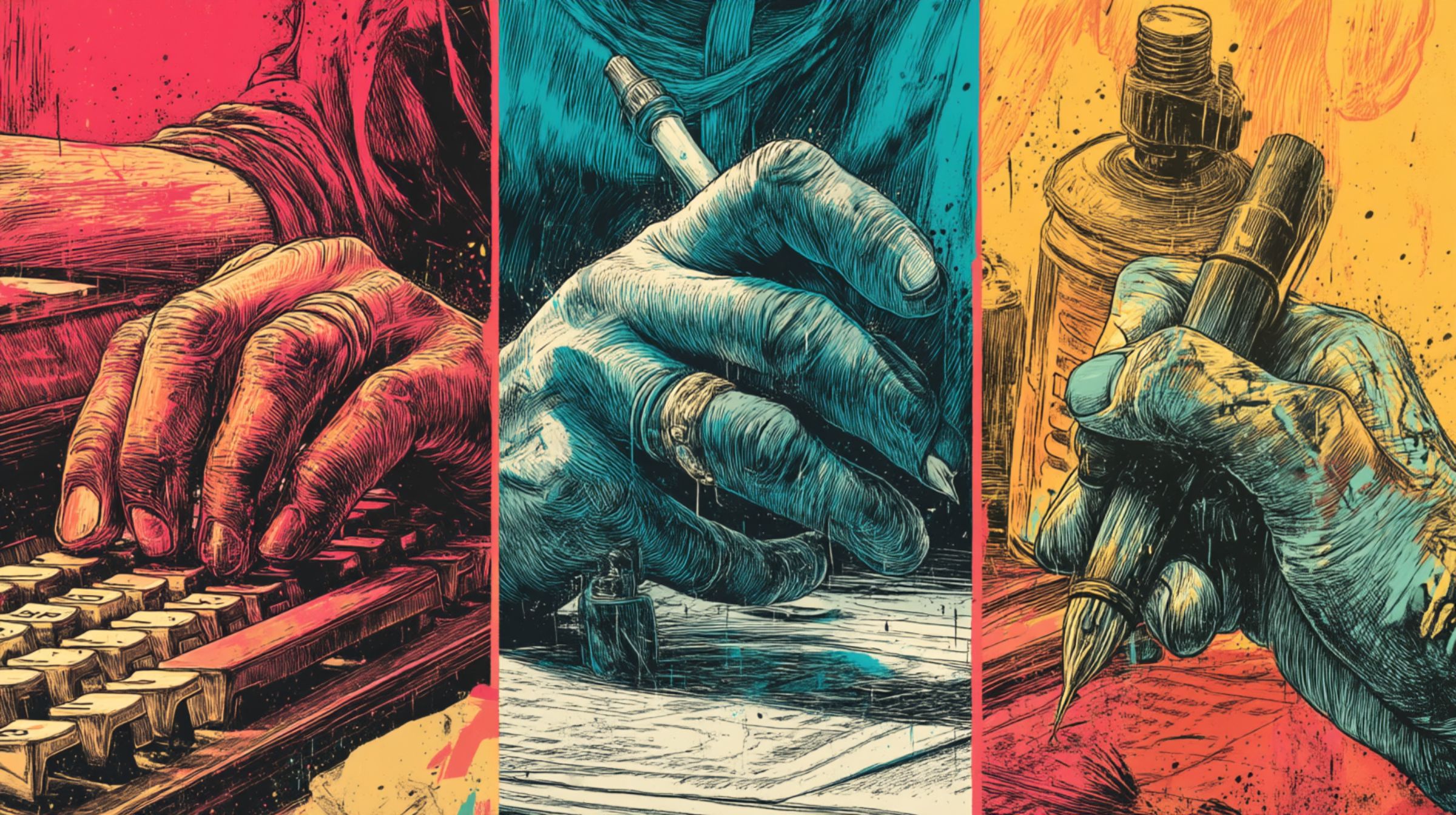 Three hands in comic-book ink, each gripping a different tool: a typewriter, a pen, and a tattoo machine.
