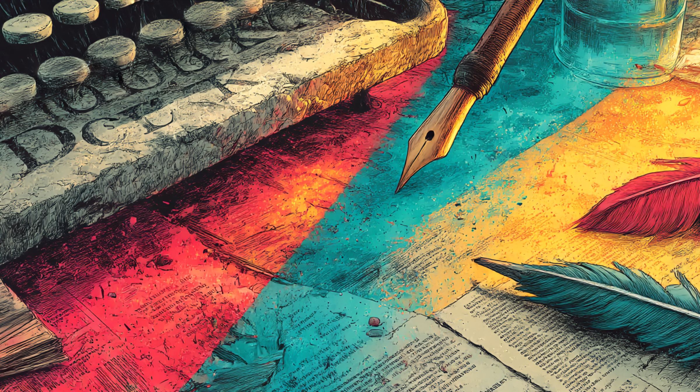A weathered desk split by cyan and gold light, carved type, a dip pen, a feather quill, and scraps of paper.