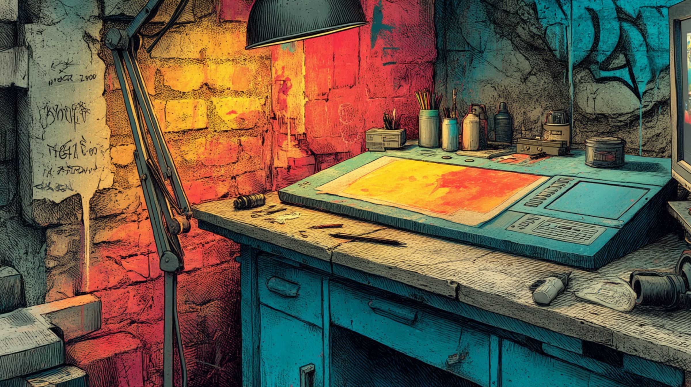 A hybrid basement studio under one lamp where graffiti walls, a tattoo setup, and a digital drawing tablet share a desk.