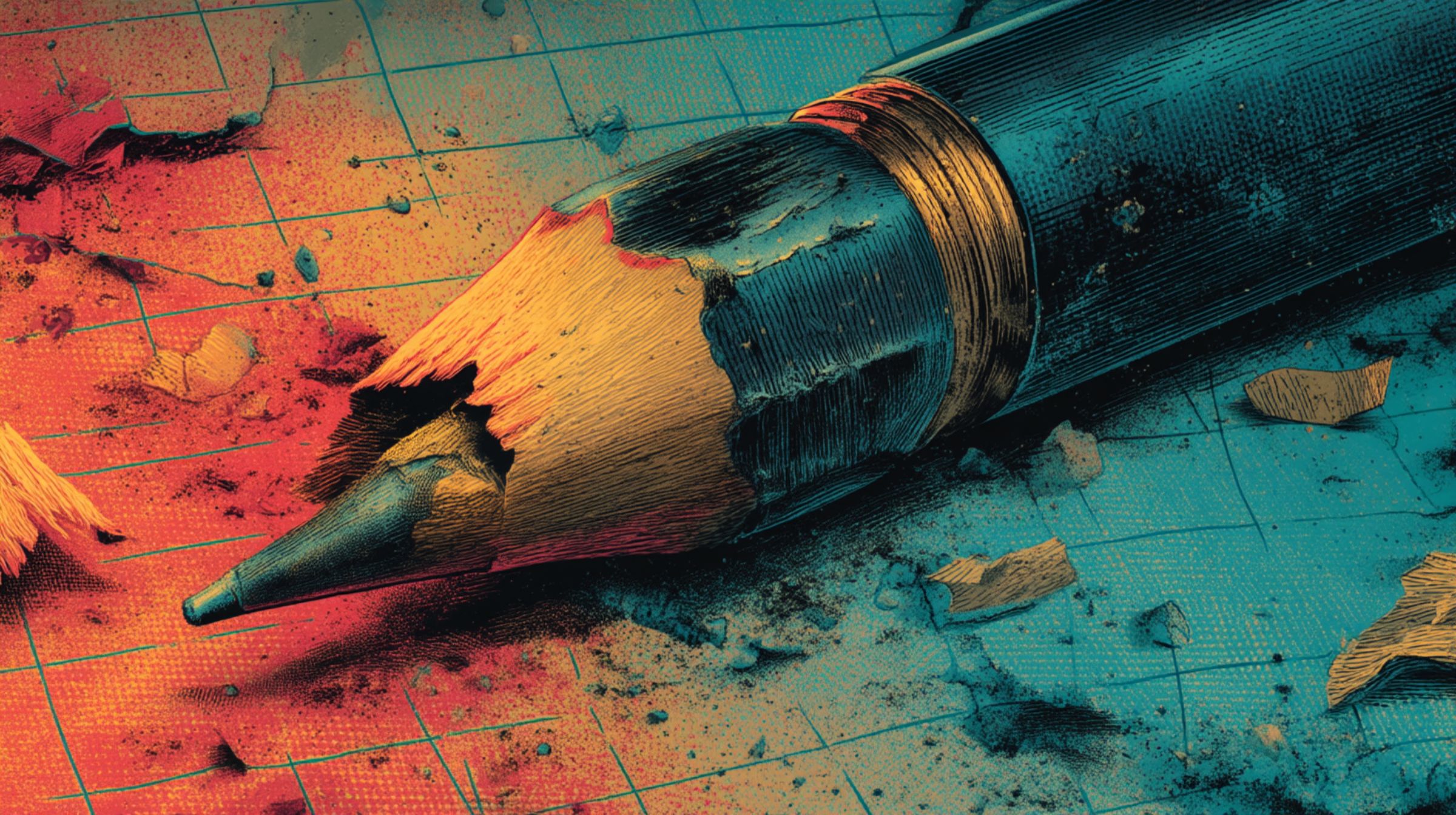 A sharpened pencil broken across a grid, its tip snapped off, shavings and dust scattered in red and cyan light.
