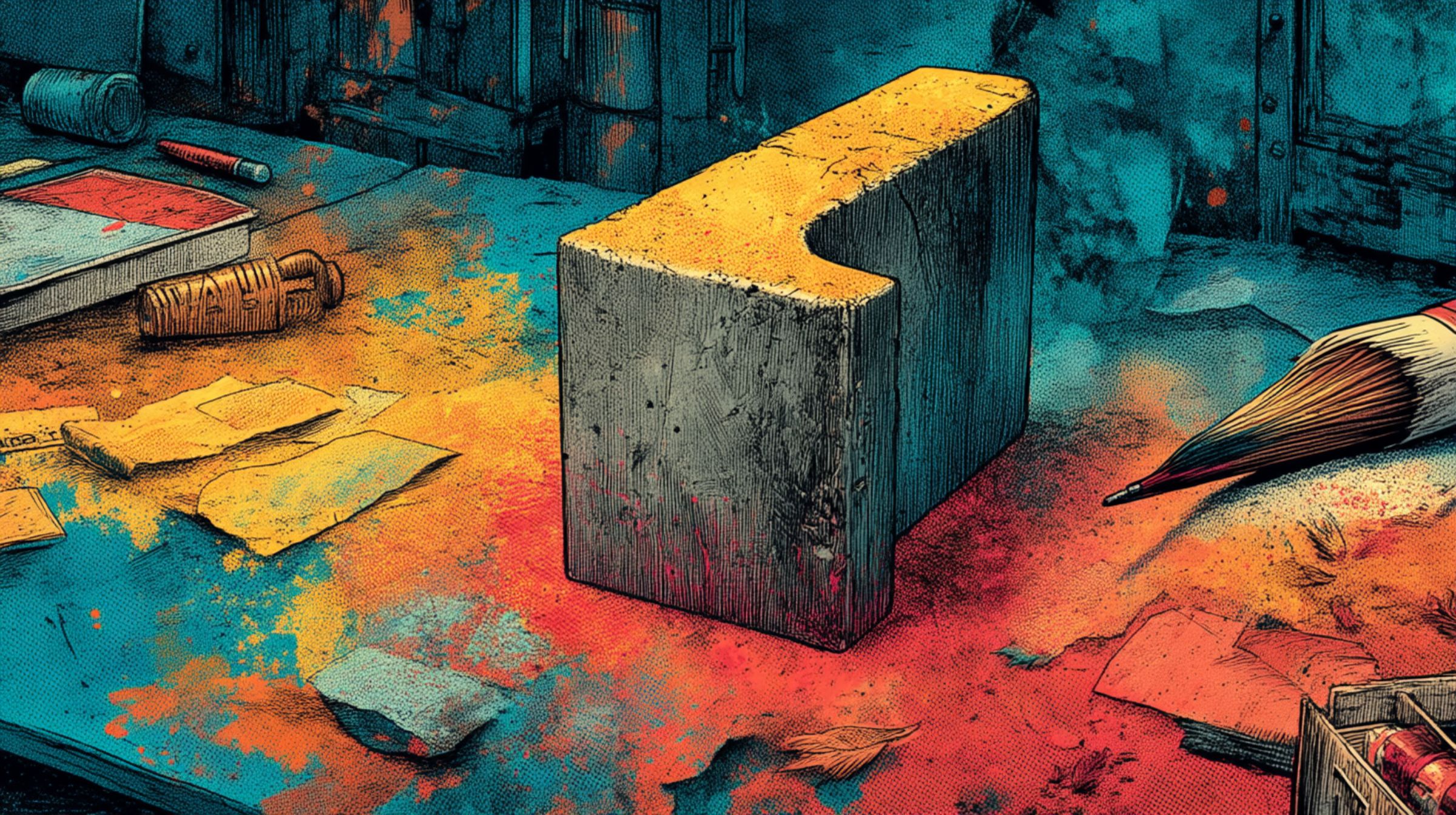 A single carved block letter stands amid dust, paint, and scattered paper, the last mark left standing.