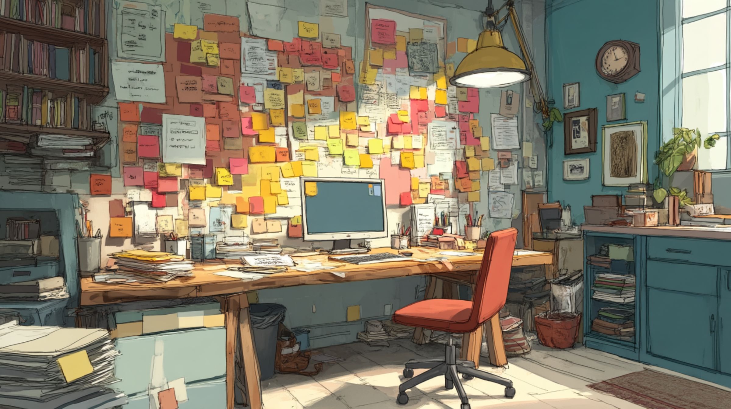 A creative studio wall covered in colorful sticky notes above a cluttered desk.