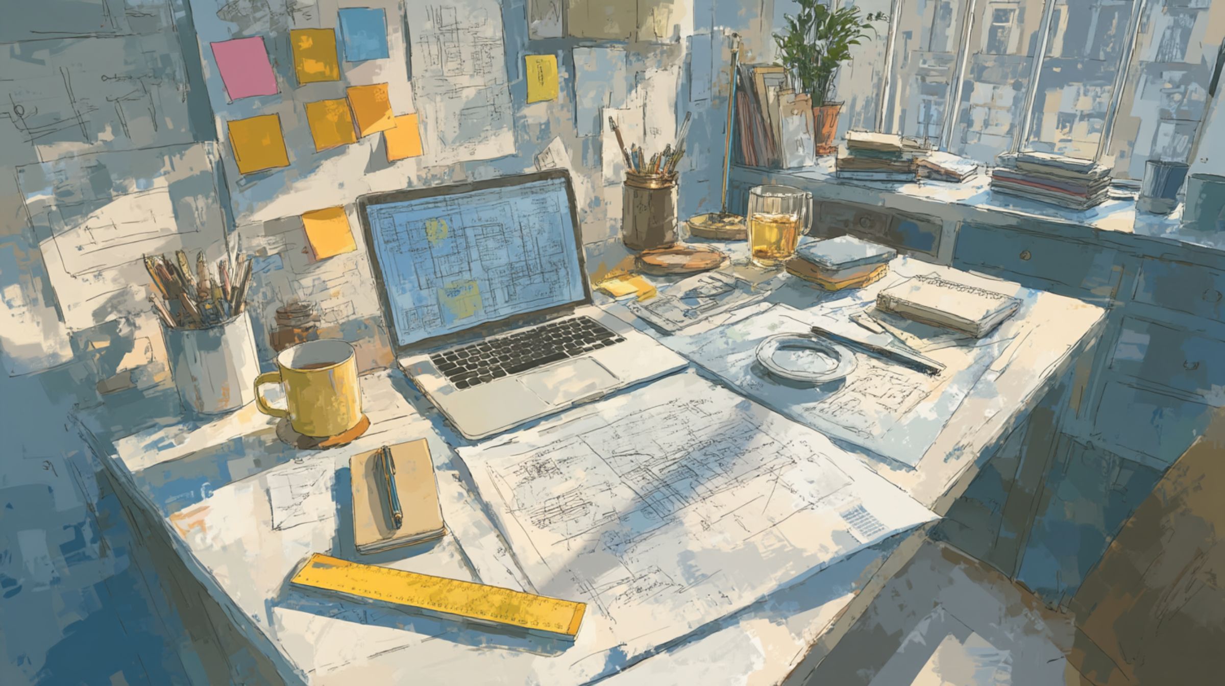 A sunlit desk with a laptop, blueprints, and drafting tools laid out.
