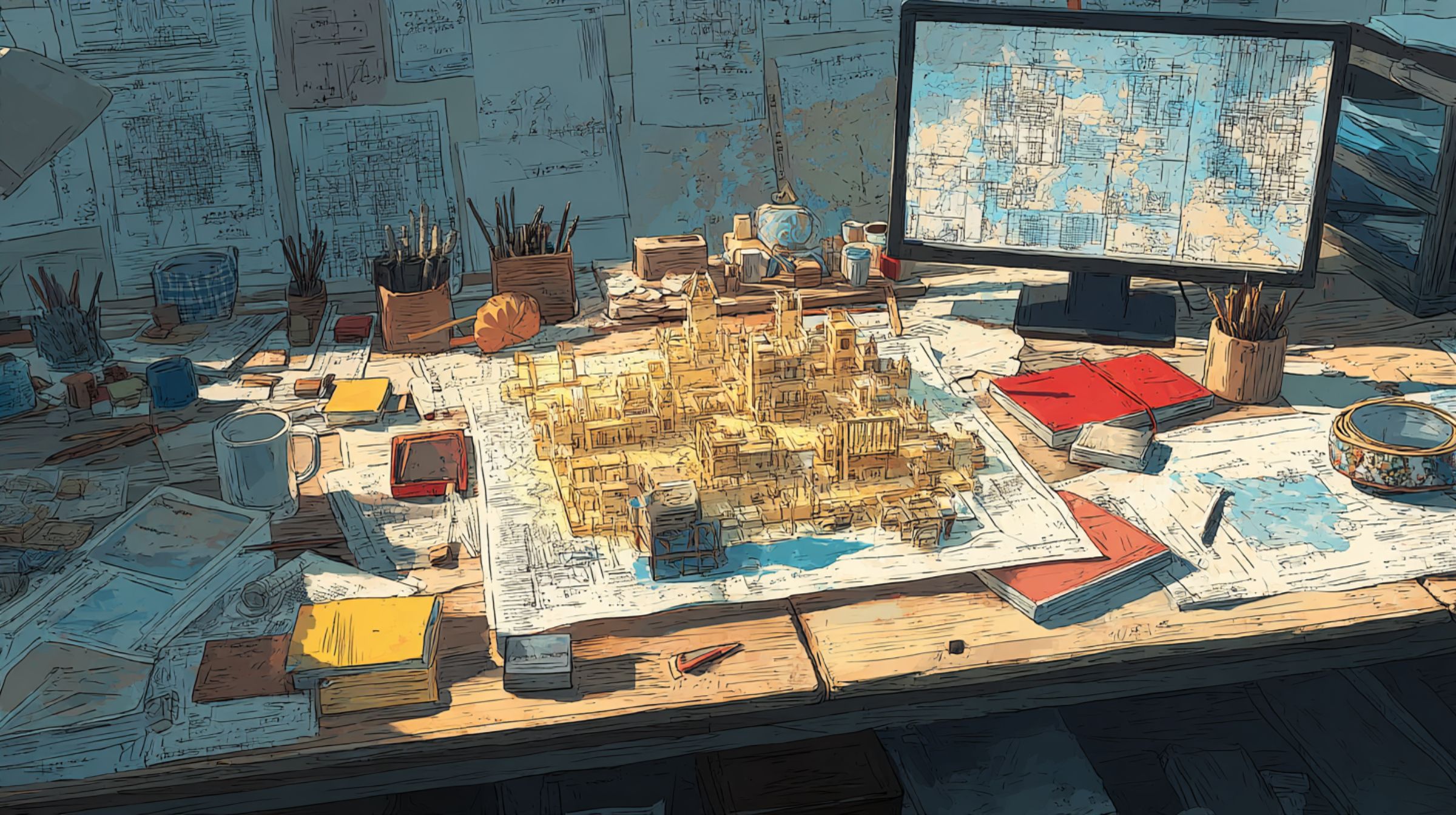 A desk covered with a glowing miniature city model, papers, and a monitor showing blueprints.