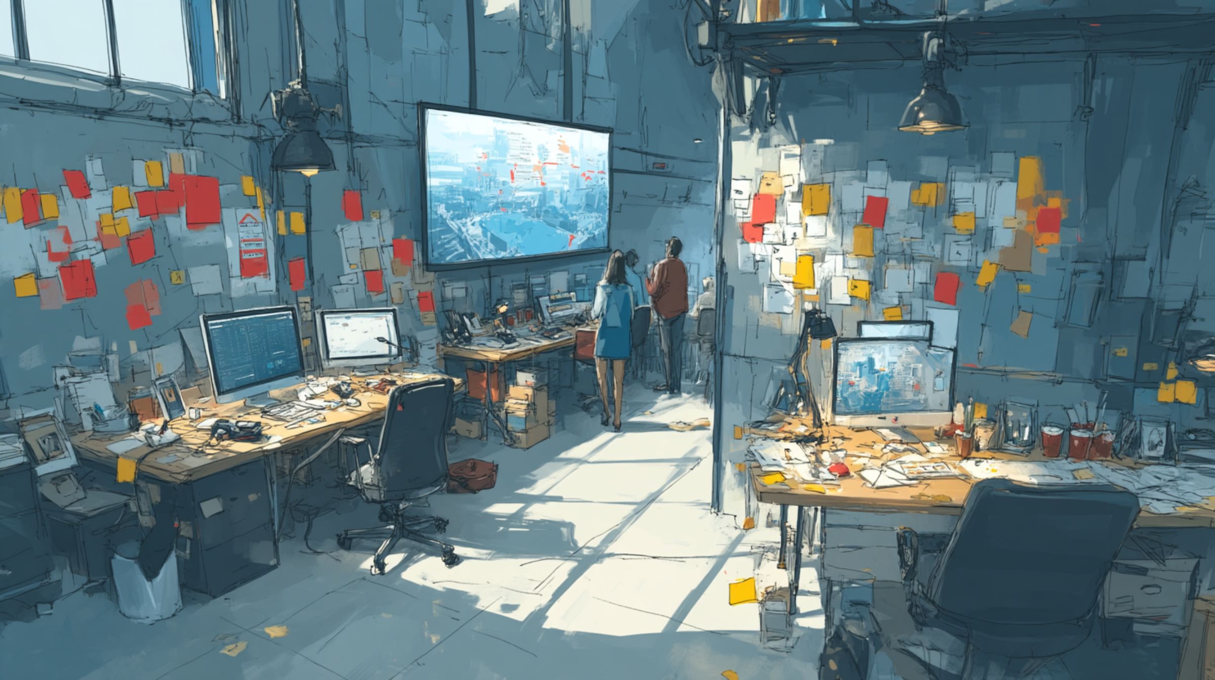 A daylit studio where designers step back from their work amid sticky notes and screens.