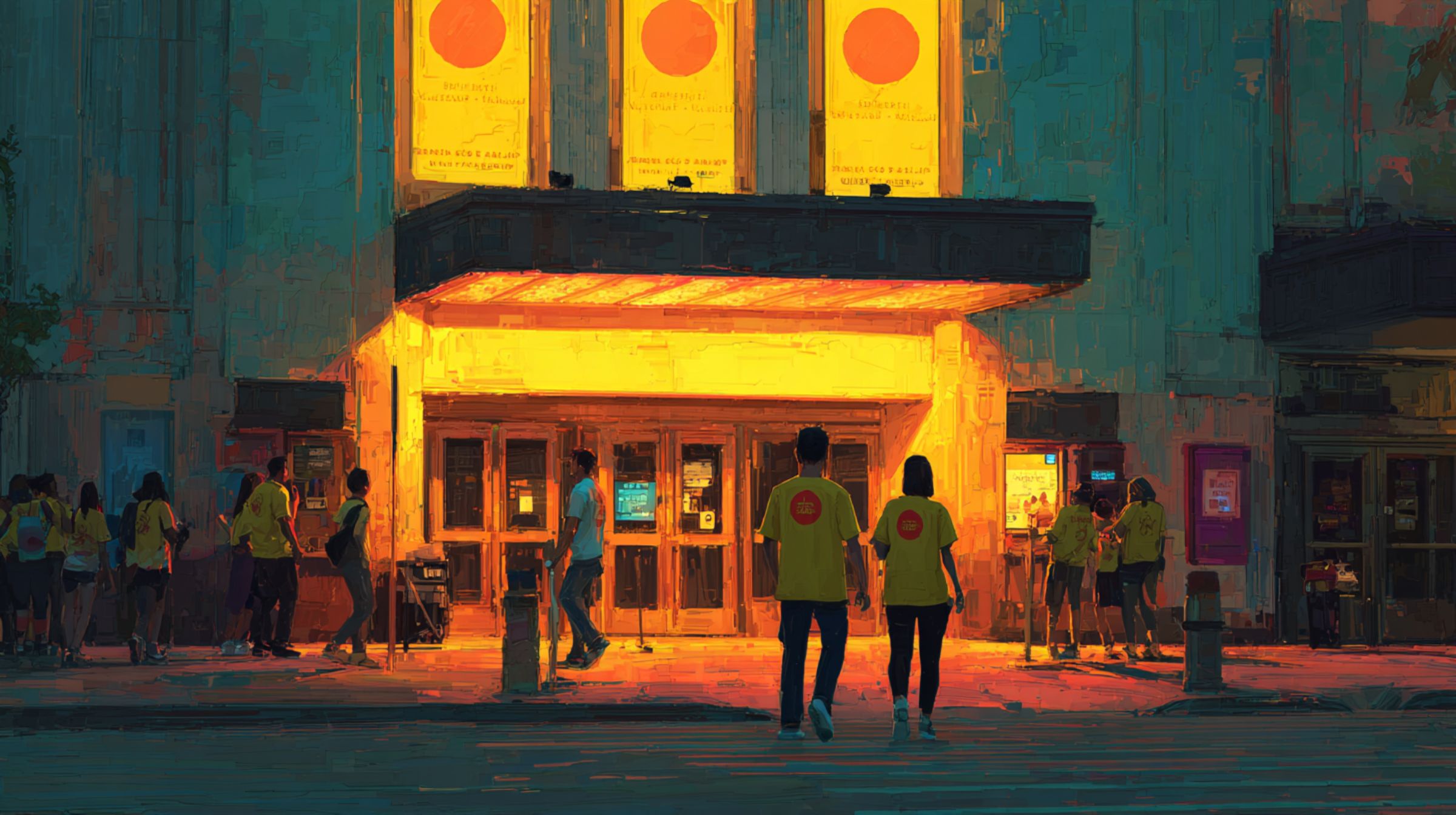 People in matching shirts gather outside a glowing theater at dusk under posters with the same symbol.