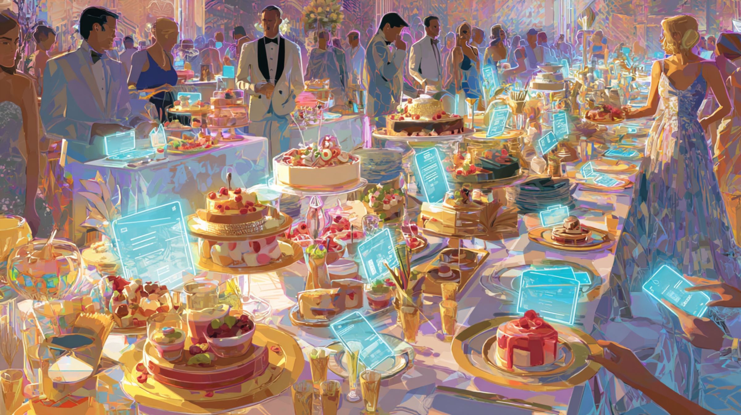 An endless glowing banquet of cakes and desserts blended with floating screens, a painted scene of cultural excess.