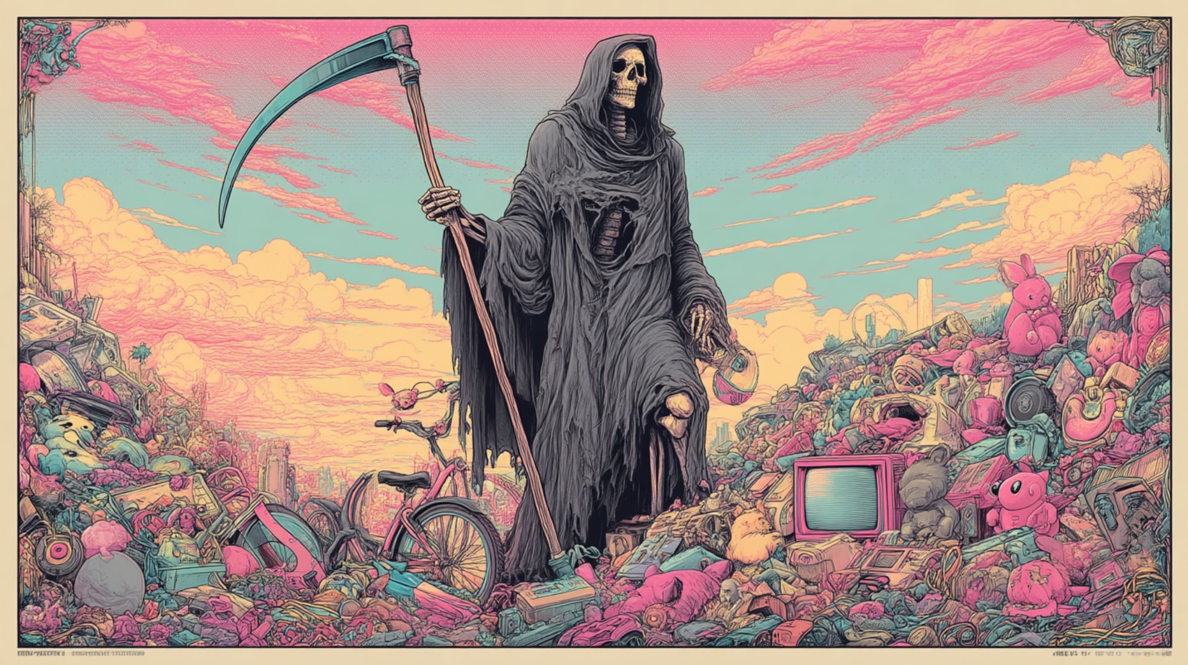 A grim reaper stands over a pink-and-teal mountain of discarded toys and old TVs, a darkly funny picture of creative exhaustion.