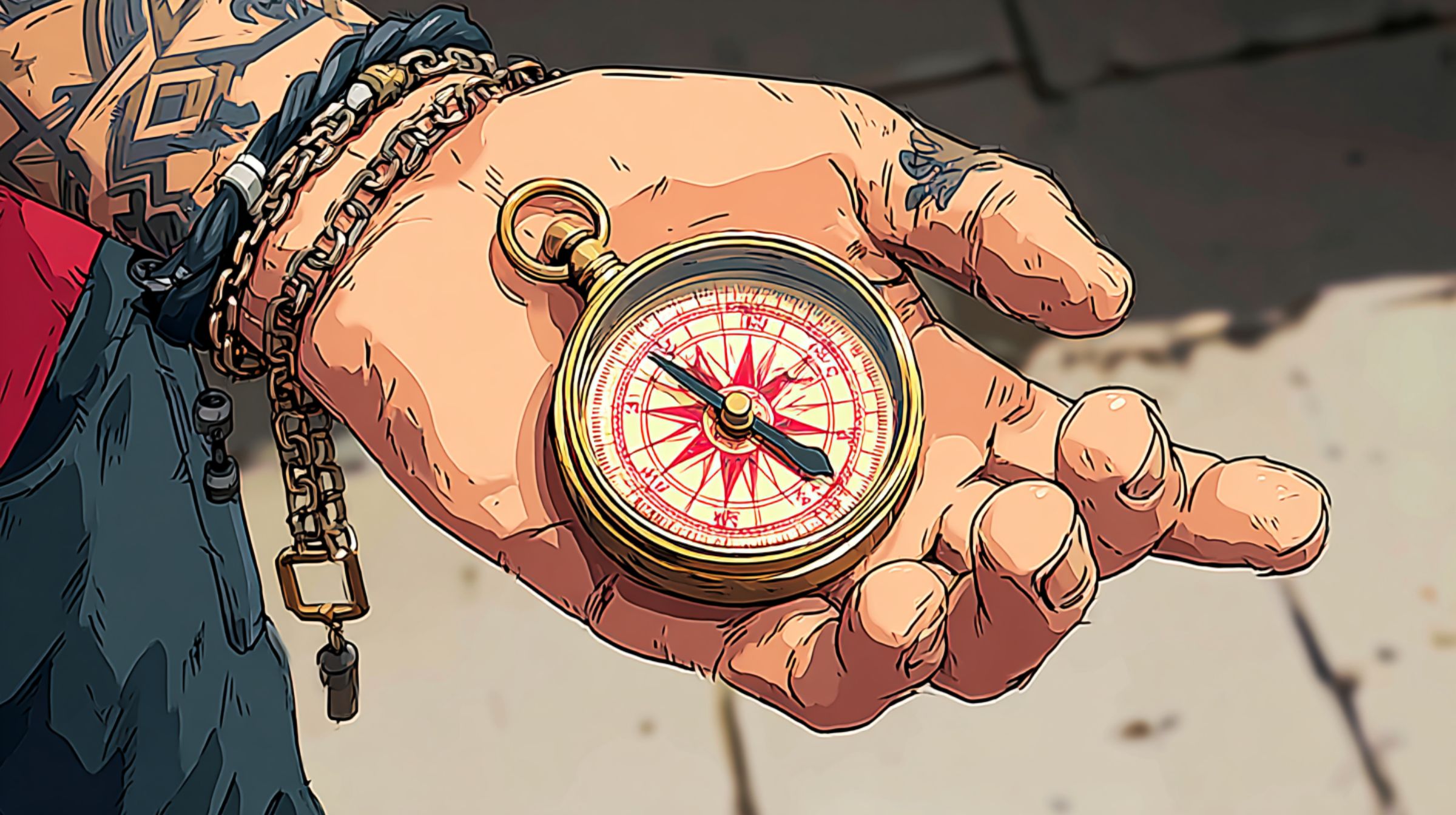 A tattooed hand holds a glowing brass compass whose needle turns inward, drawn in a bold comic style.