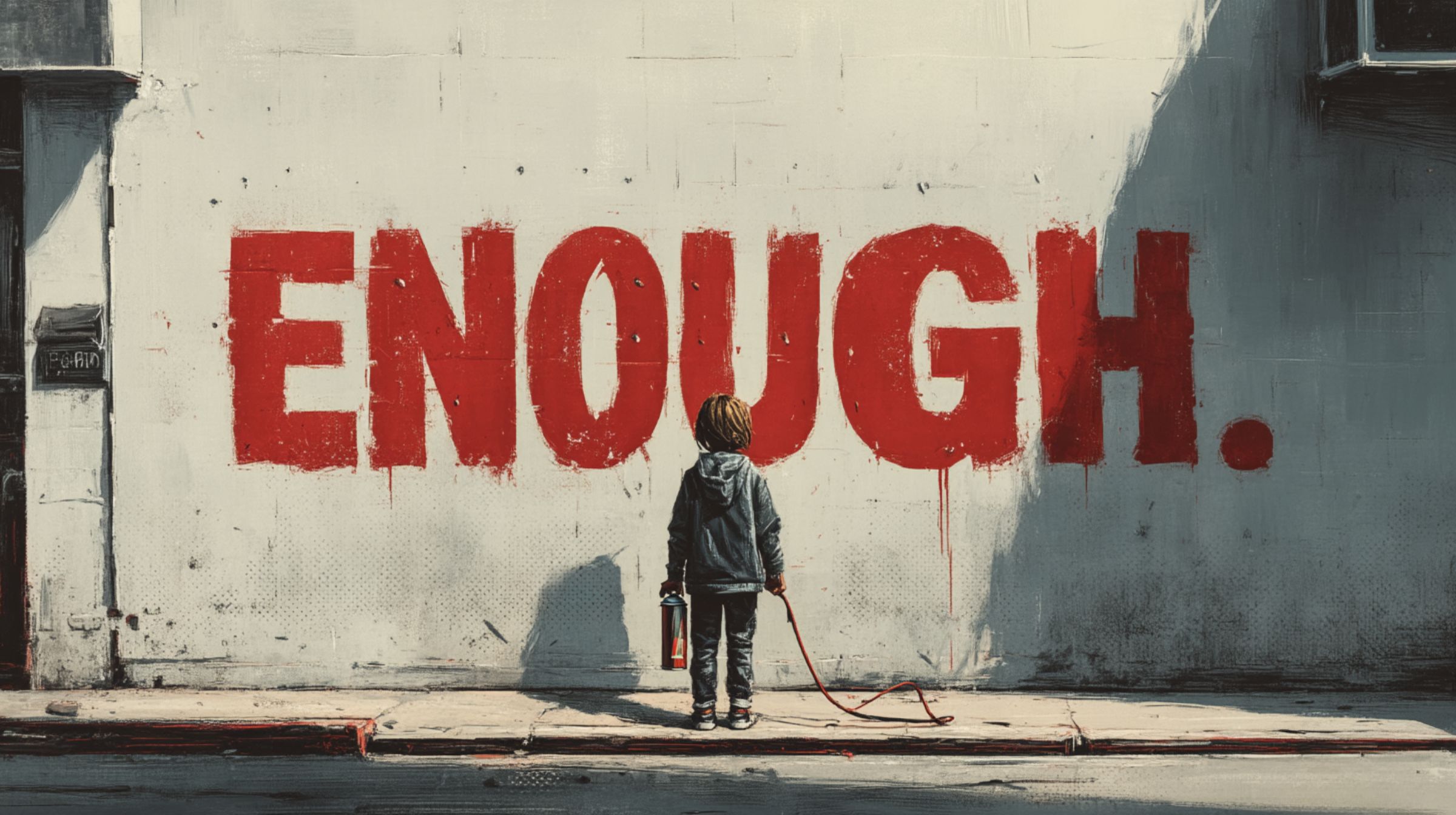 A small child stands before a white wall with the word ENOUGH. painted in bold red, spray can still in hand.