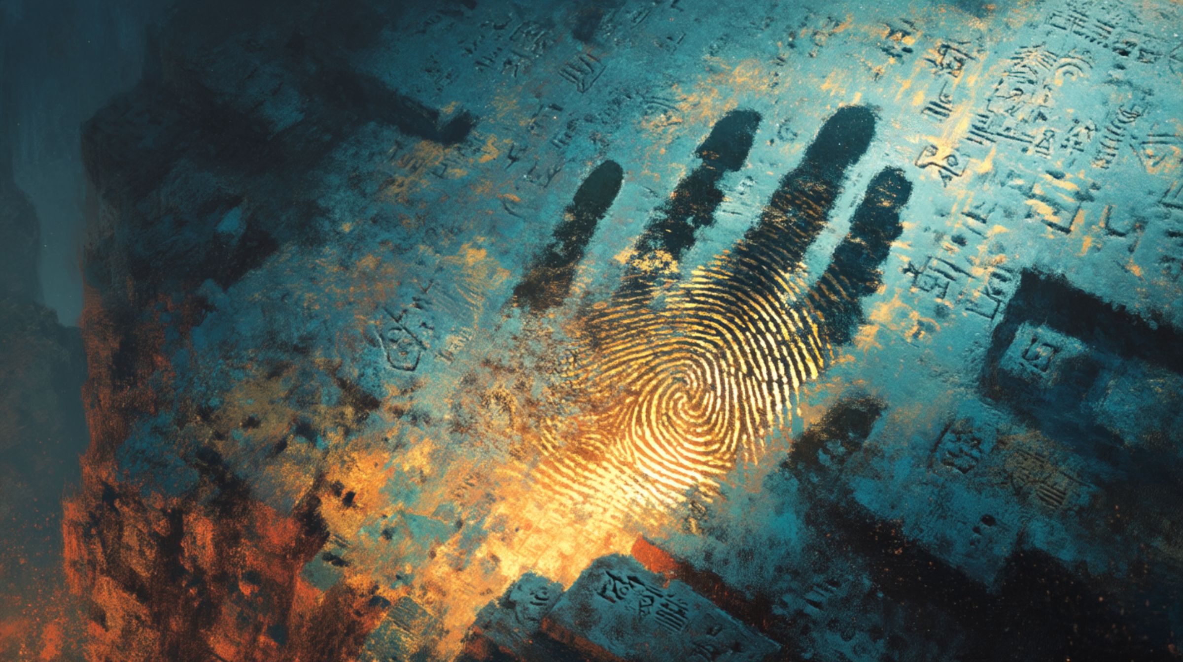 A glowing fingerprint pressed into ancient stone covered in fading hieroglyphs, lit by warm light against cold blue.