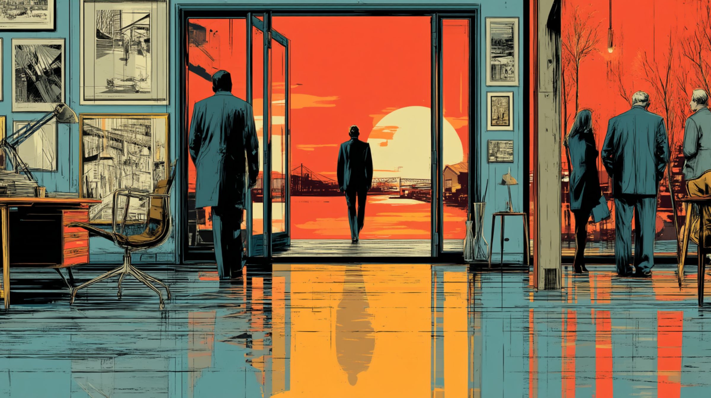 A figure walks through open glass doors into a glowing red horizon as office workers move past.