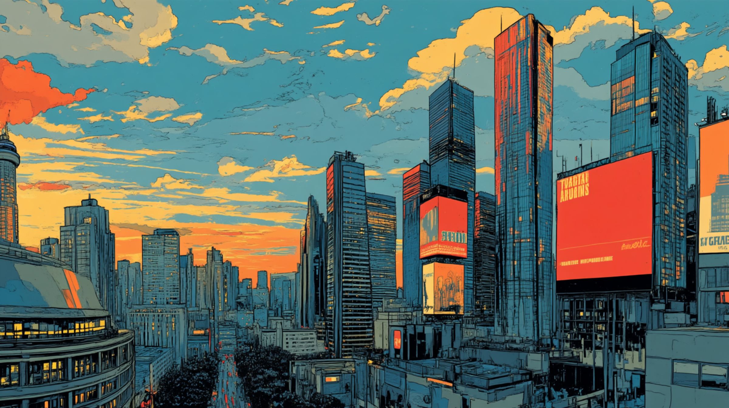 A city skyline at sunset glowing in coordinated reds and golds.
