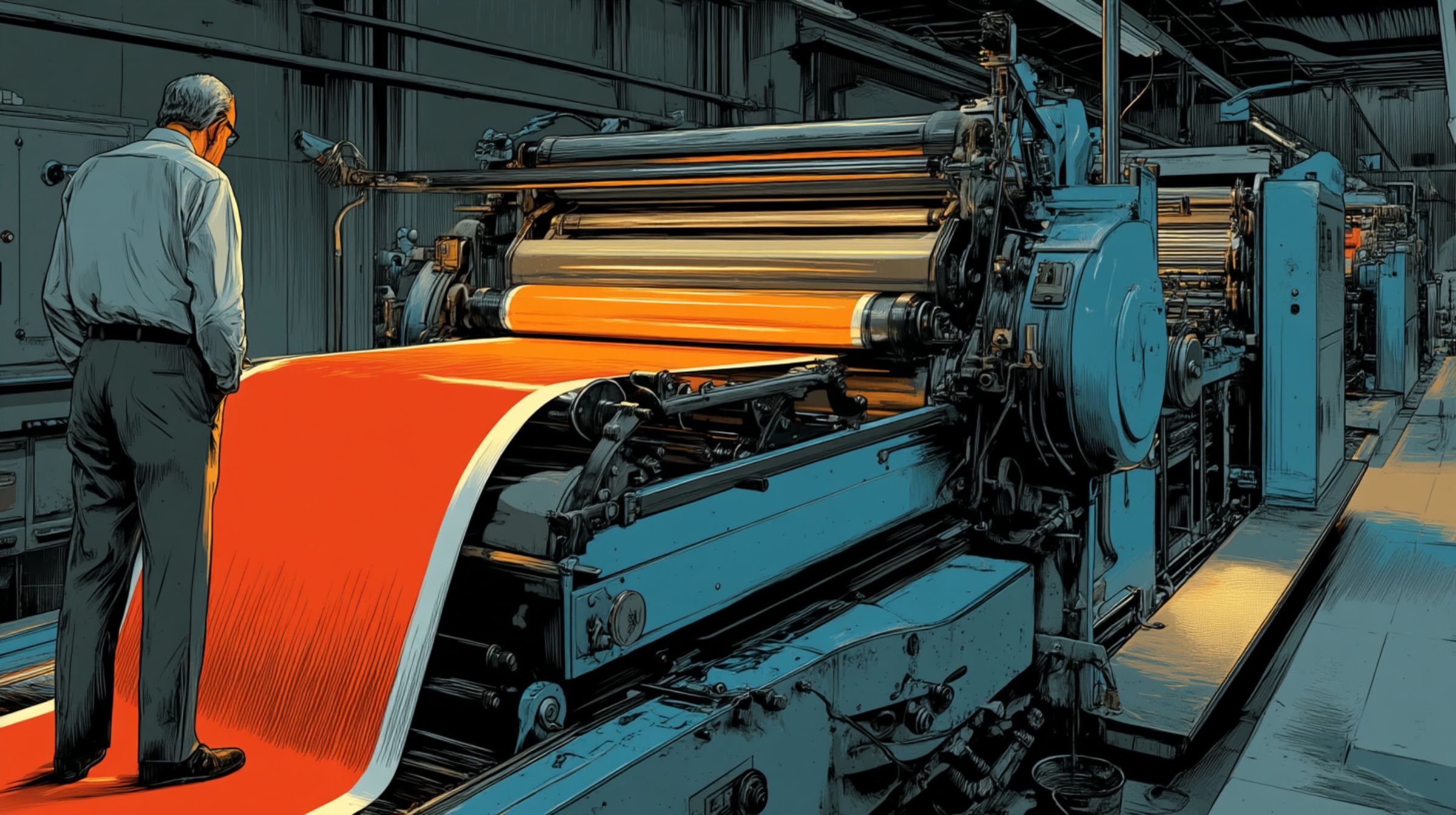 A craftsman watches a stream of vivid red sheets run through a teal industrial press.