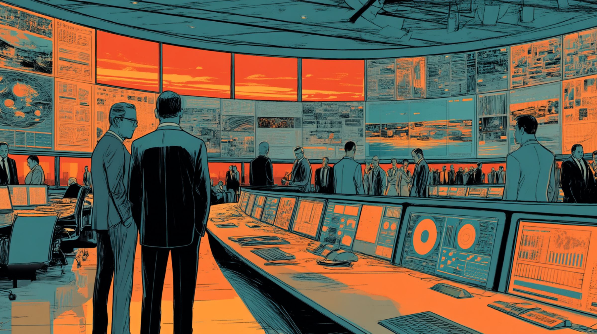 Executives stand in a vast command center watching endless glowing screens of data.