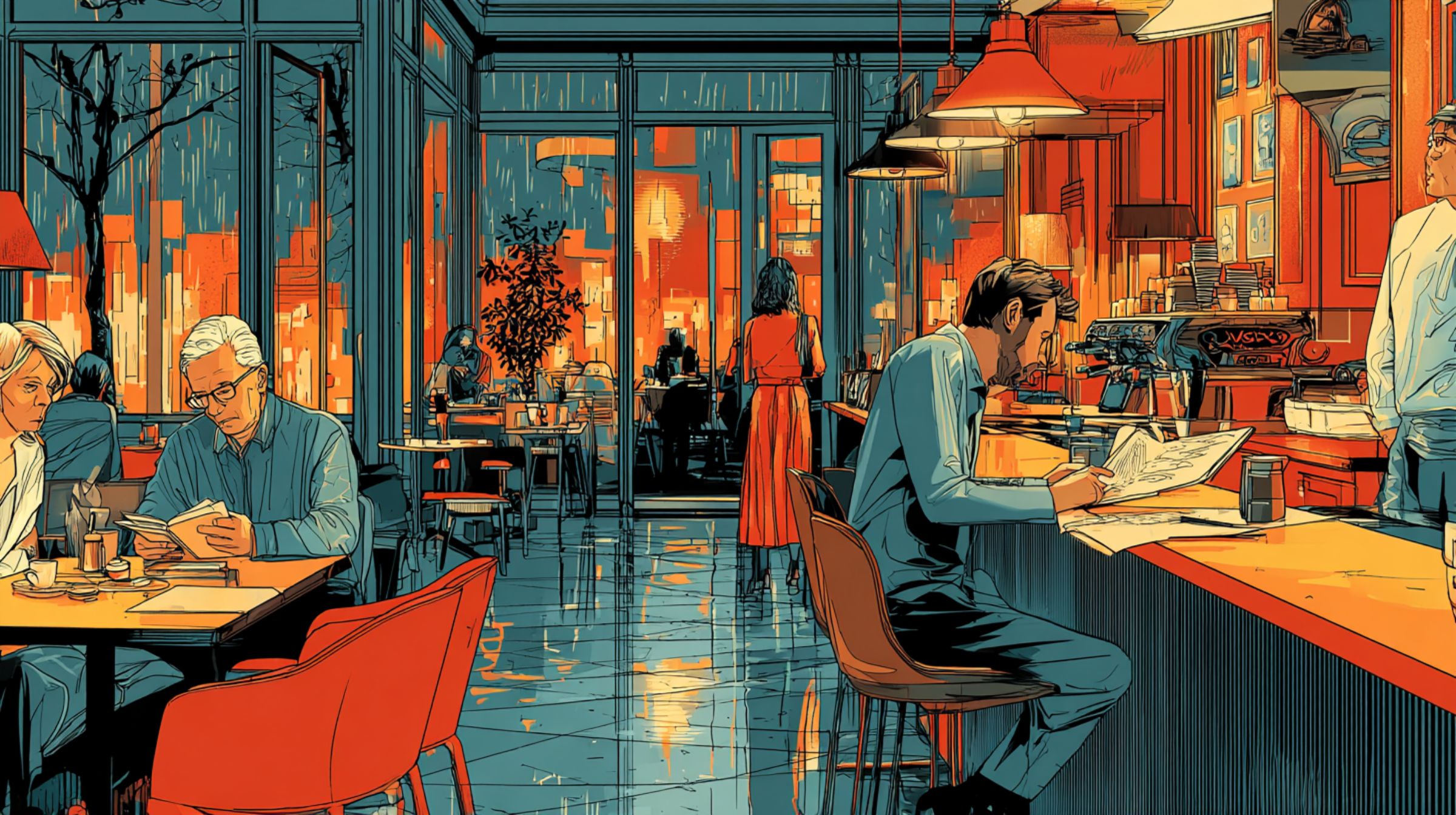 A quiet cafe at dusk where people read and work alone amid warm light.