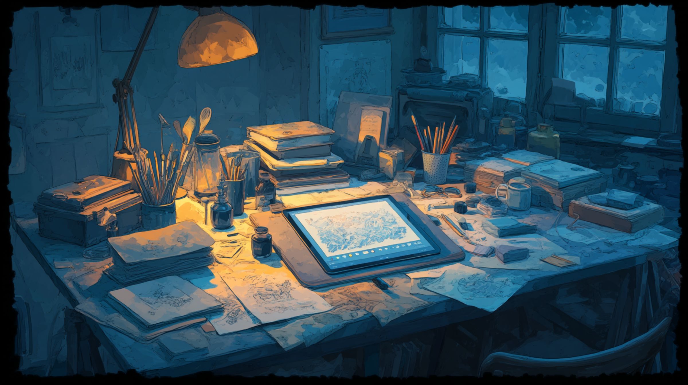 A warmly lit artist's desk with pencils, sketchbooks, and a glowing digital tablet.